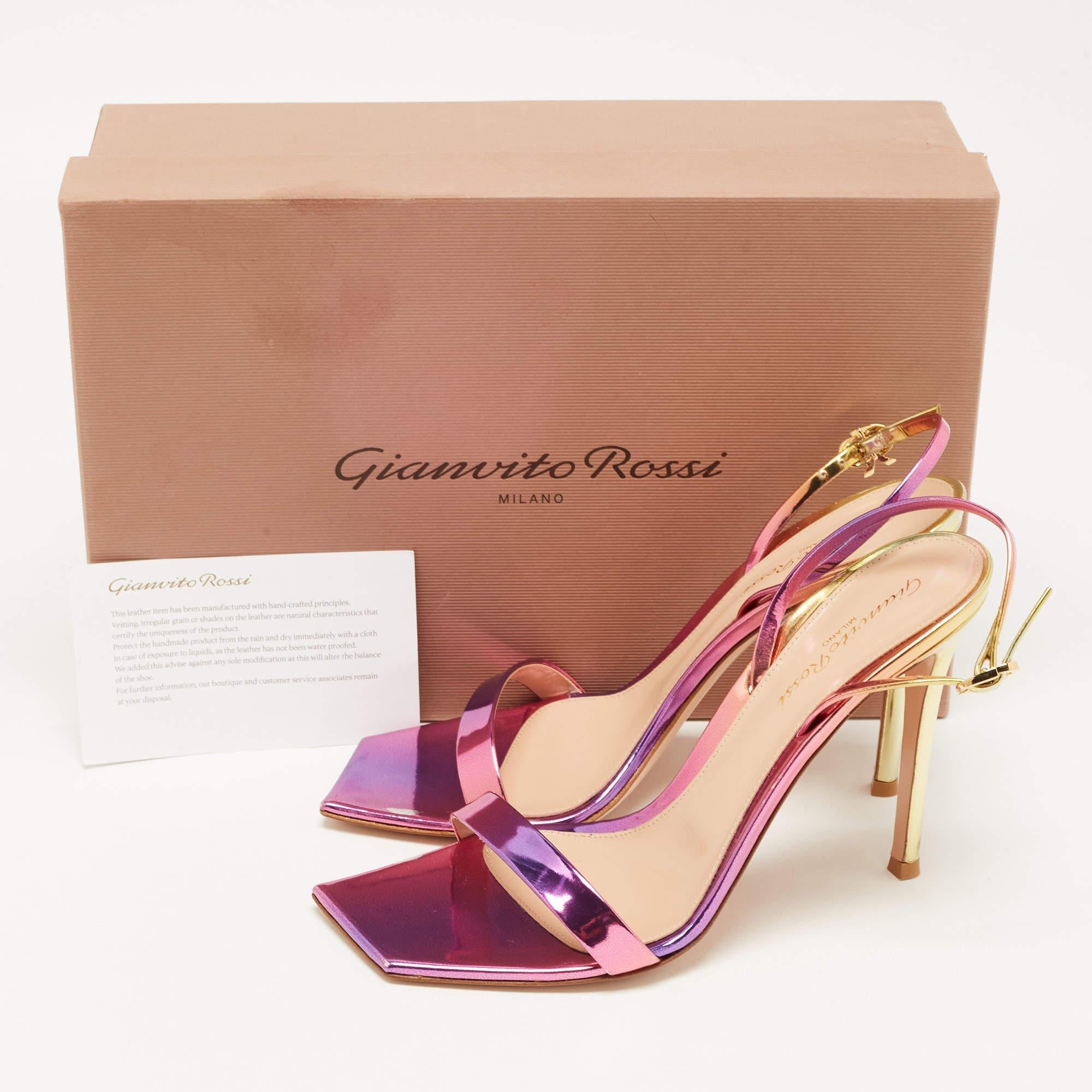 Gianvito Rossi Pink/Gold Foil Leather Ribbon Stiletto Ankle Strap Sandals Size 3 2