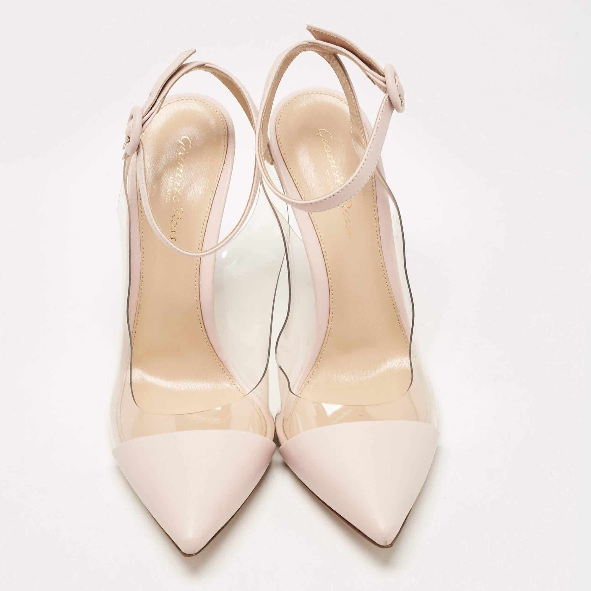 Beige Gianvito Rossi Pink Leather and PVC Anise Ankle Strap Pumps Size 38 For Sale