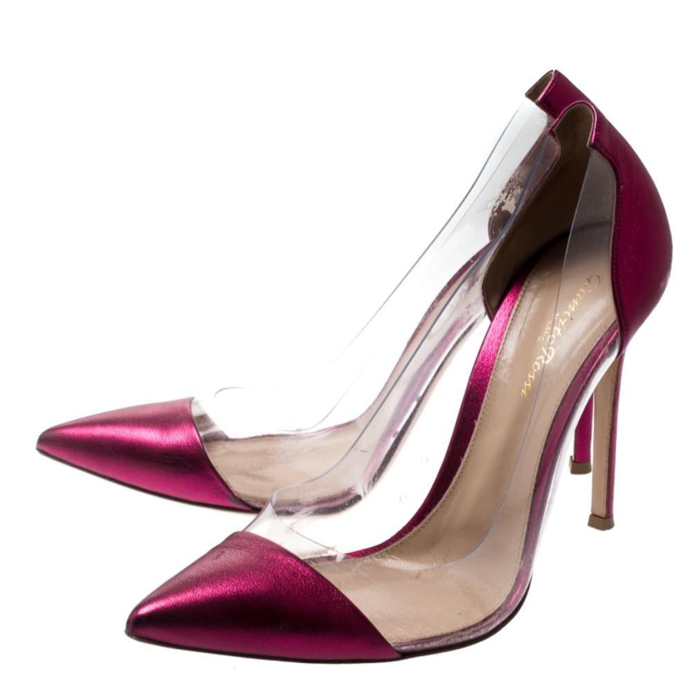 Gianvito Rossi Pink Leather And PVC Plexi Pointed Toe Pumps Size 40 In Good Condition In Dubai, Al Qouz 2