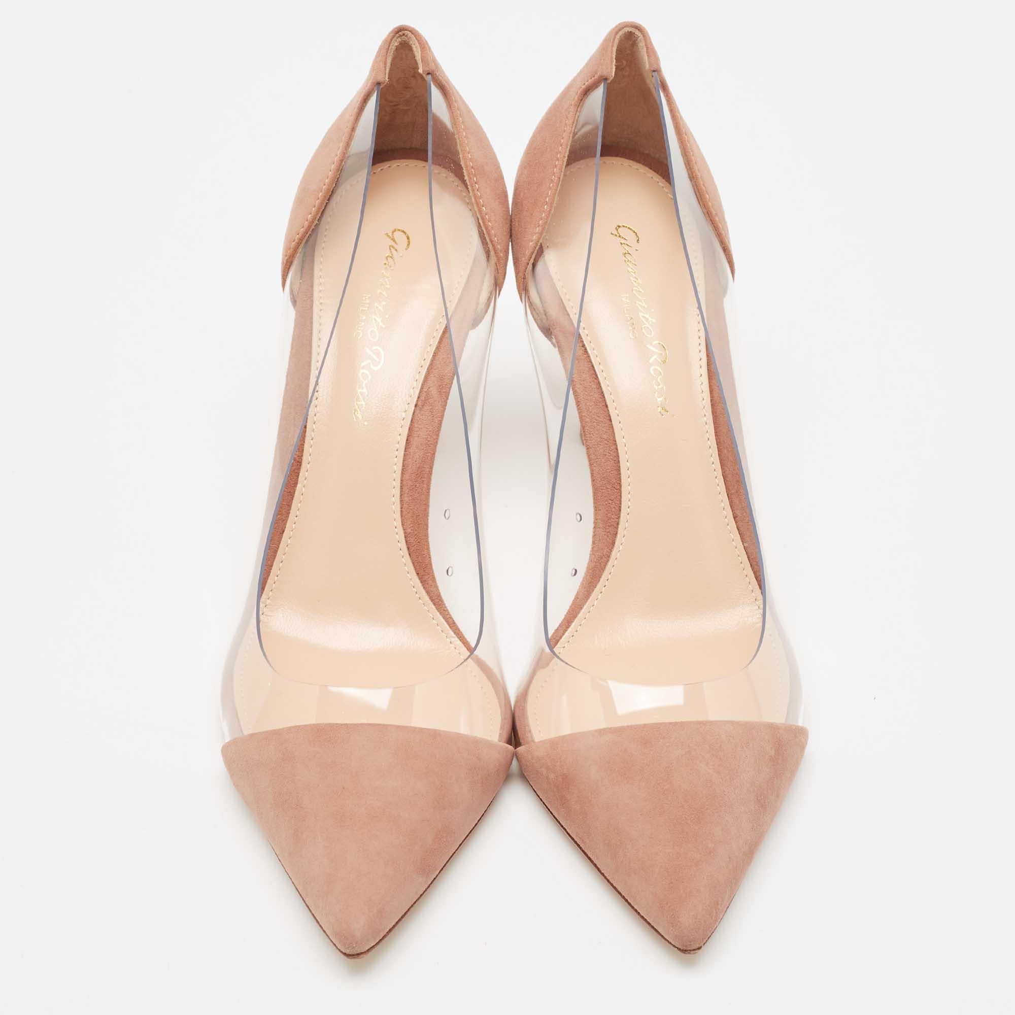 Women's Gianvito Rossi Pink Nubuck Leather and PVC Plexi Pointed Toe Pumps Size 36