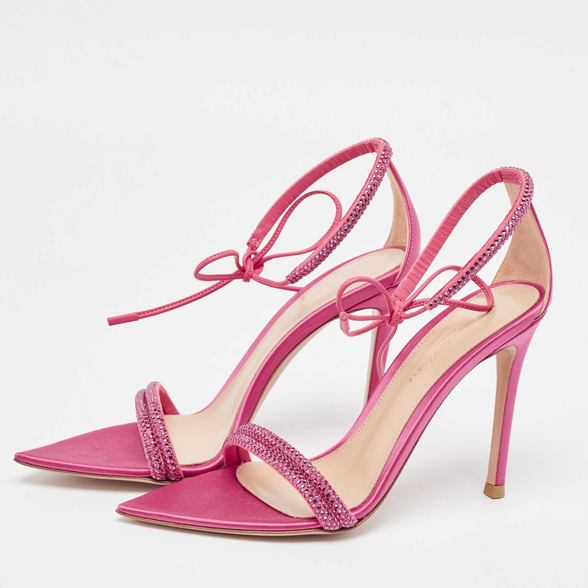 Gianvito Rossi Pink Satin Embellished Montecarlo Sandals Size 35 3