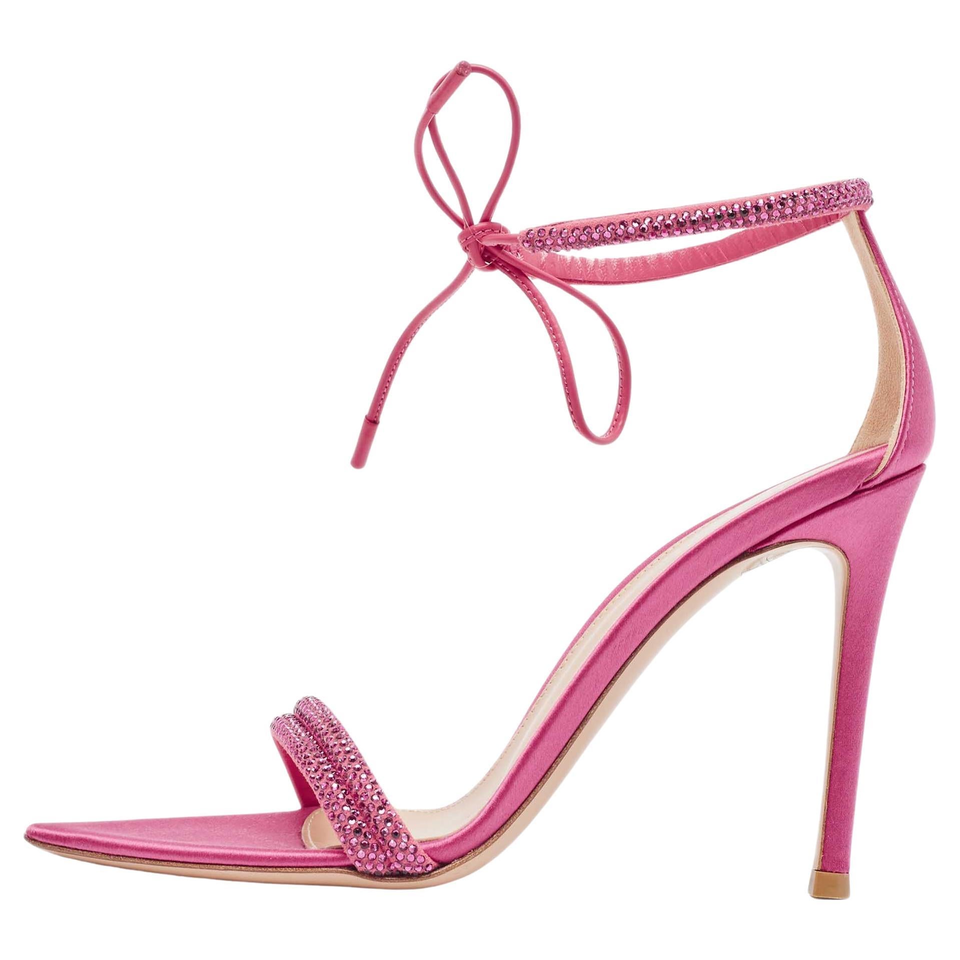Gianvito Rossi Pink Satin Embellished Montecarlo Sandals Size 35 For Sale