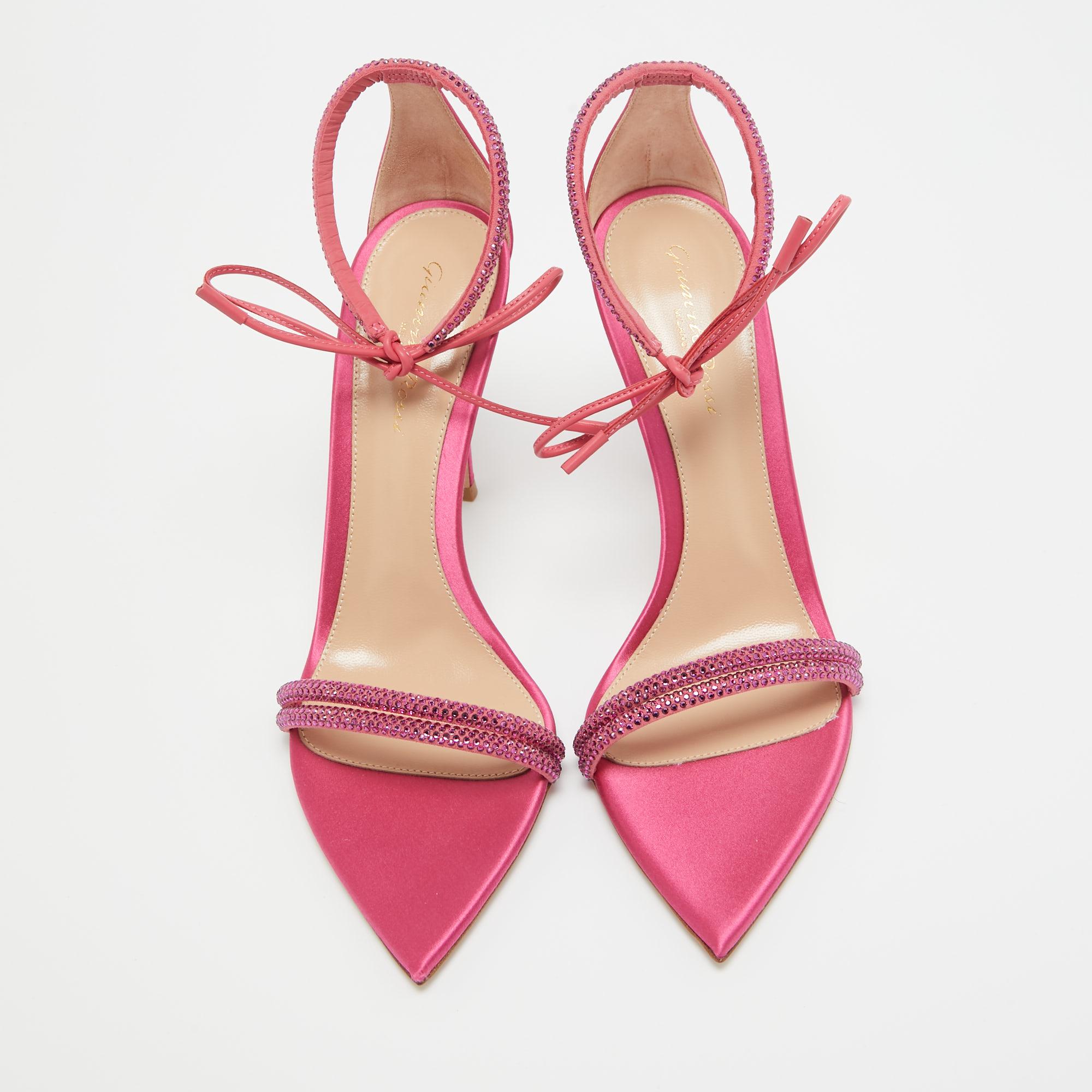 Gianvito Rossi Pink Satin Embellished Montecarlo Sandals Size 38.5 For Sale 2