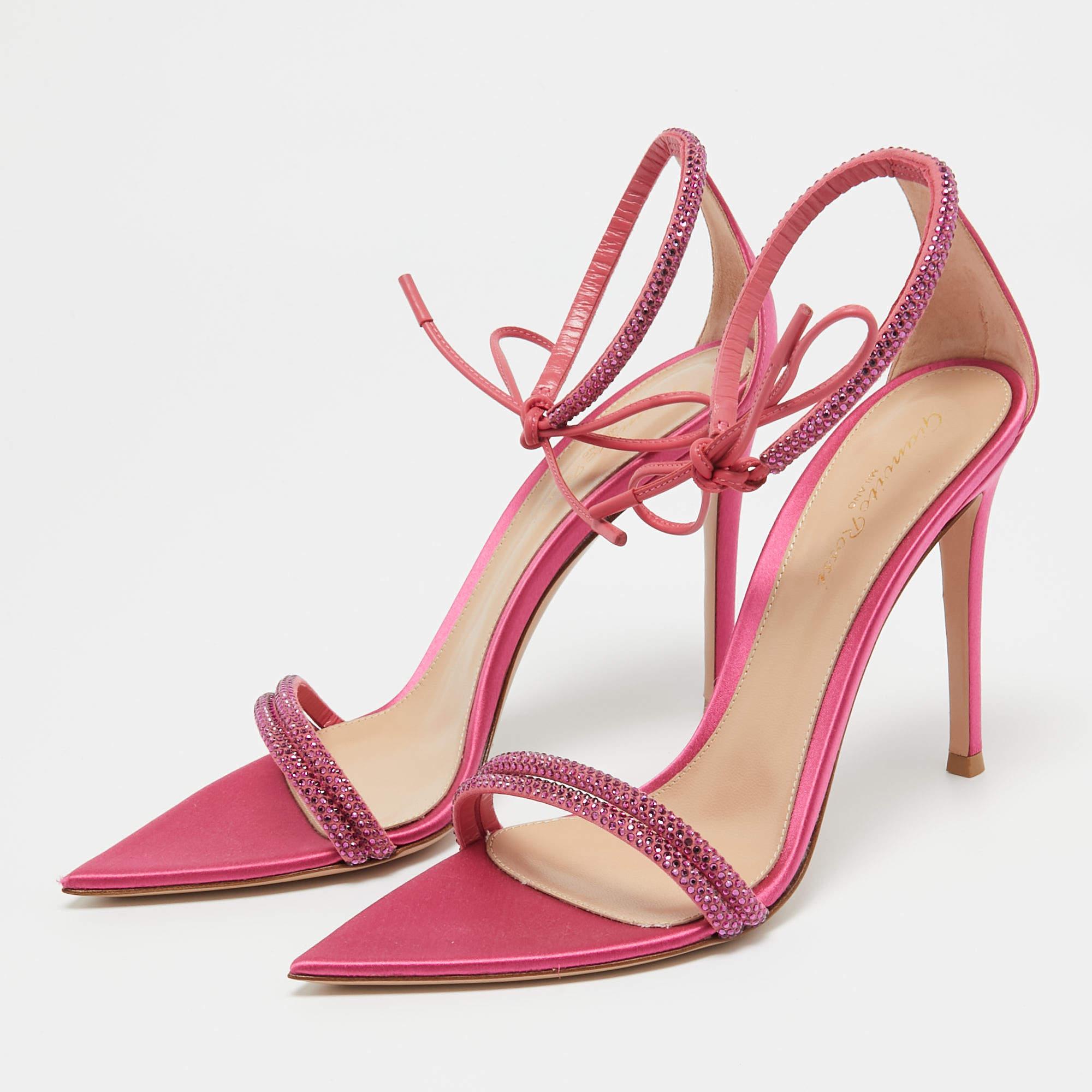 Gianvito Rossi Pink Satin Embellished Montecarlo Sandals Size 38.5 For Sale 3