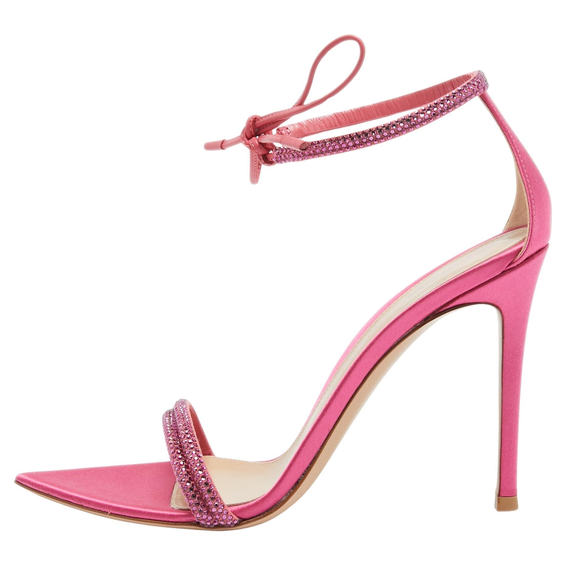 Gianvito Rossi Pink Satin Embellished Montecarlo Sandals Size 38.5 For Sale