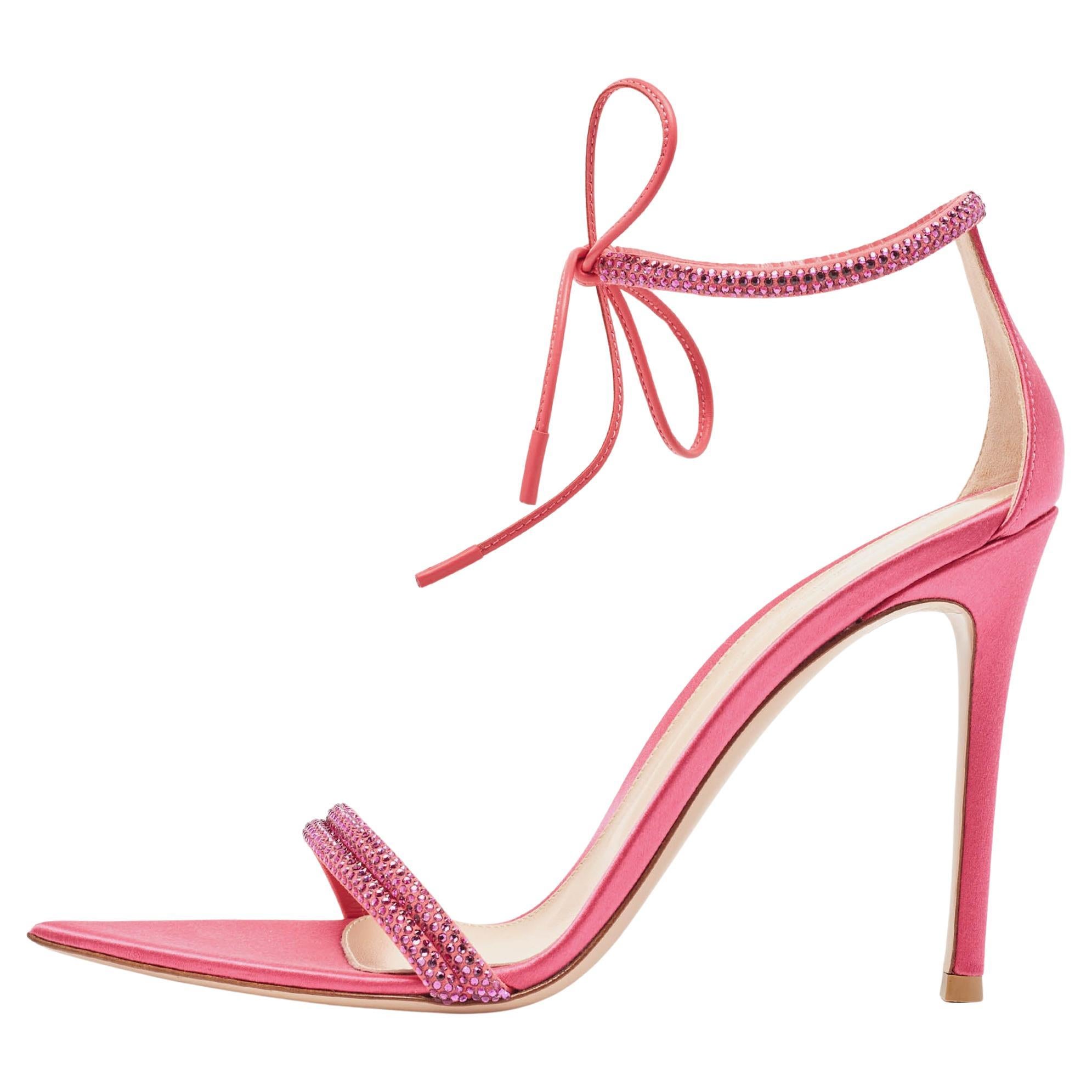 Gianvito Rossi Pink Satin Embellished Montecarlo Sandals Size 39 For Sale