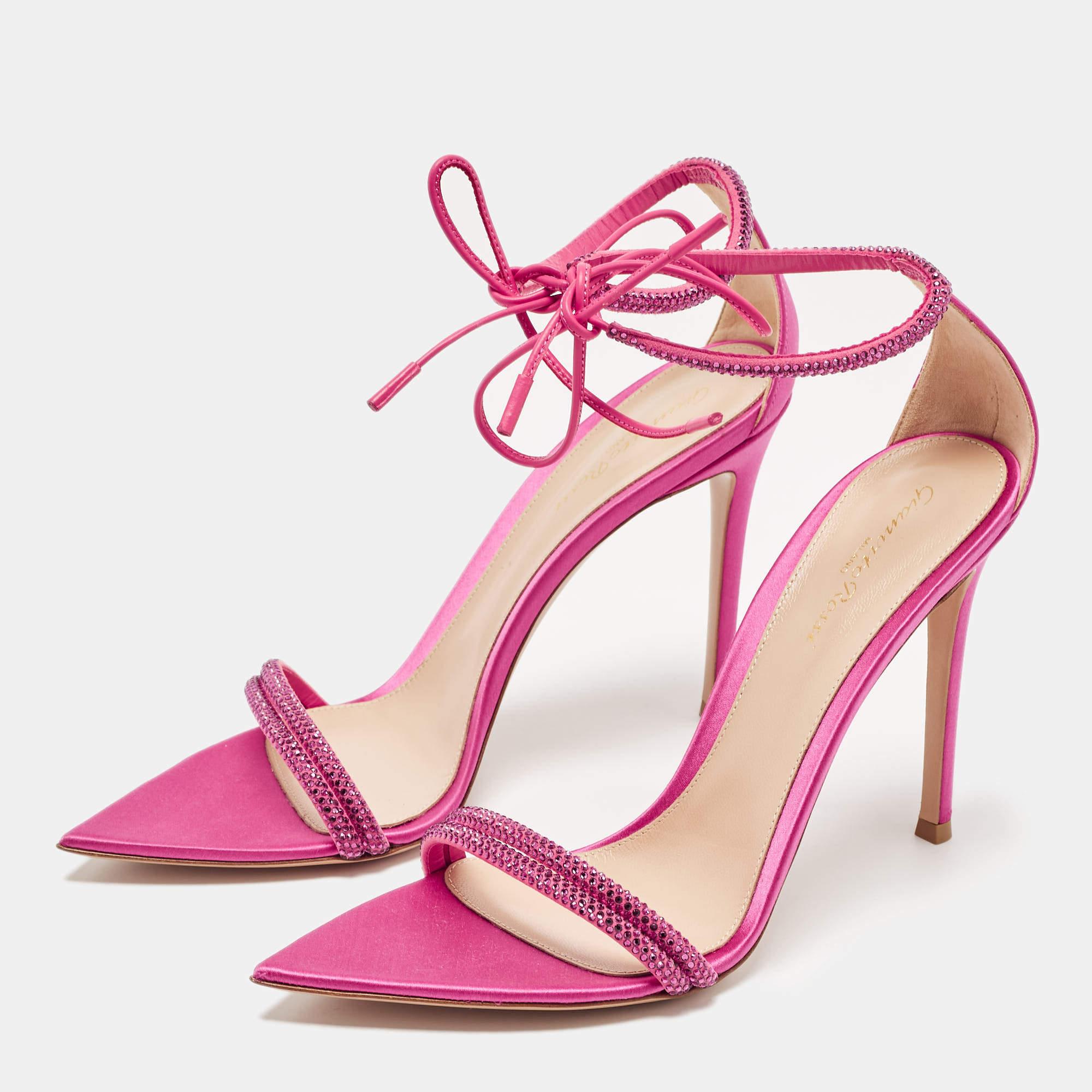 Gianvito Rossi Pink Satin Embellished Montecarlo Sandals Size 40.5 For Sale 1