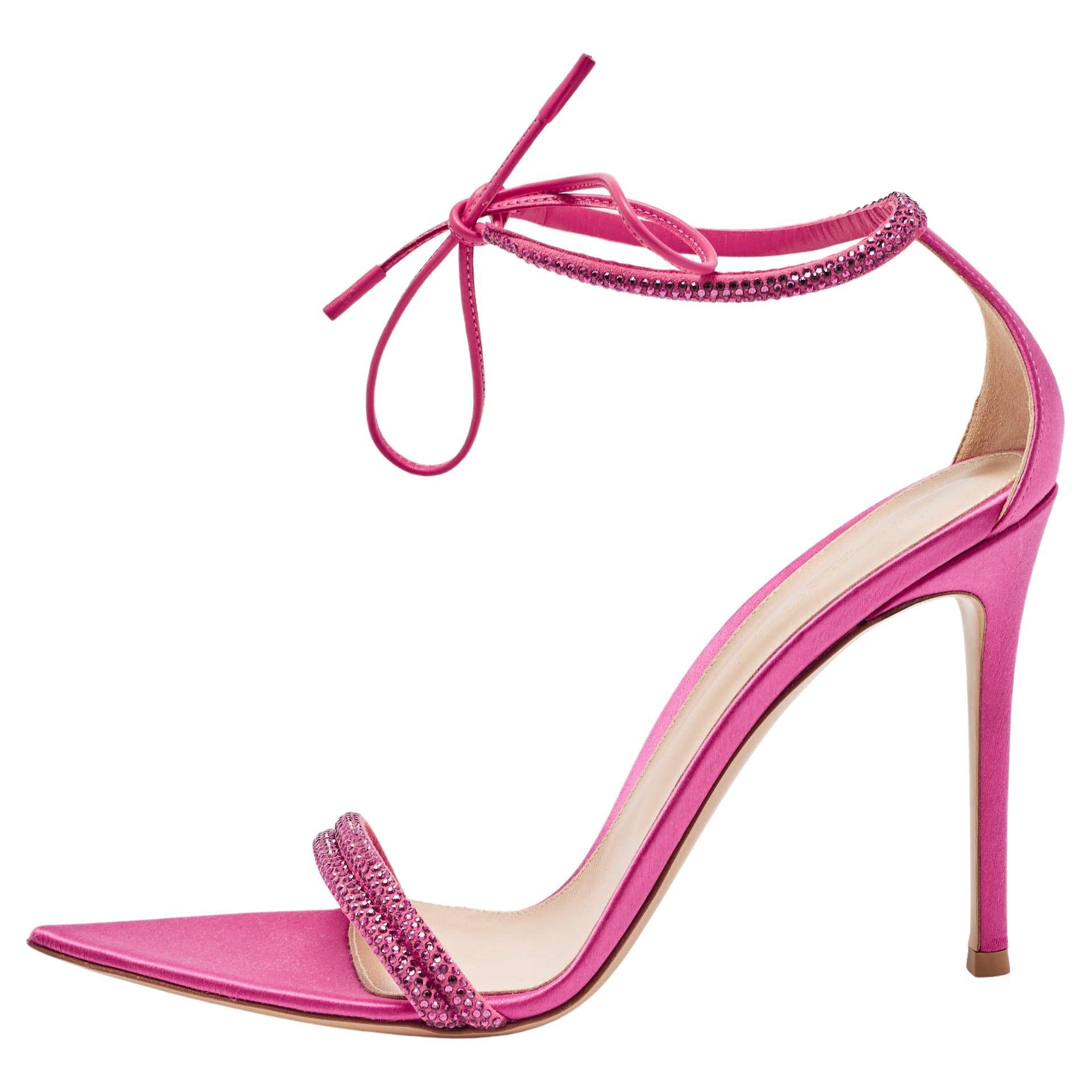 Gianvito Rossi Pink Satin Embellished Montecarlo Sandals Size 40.5 For Sale