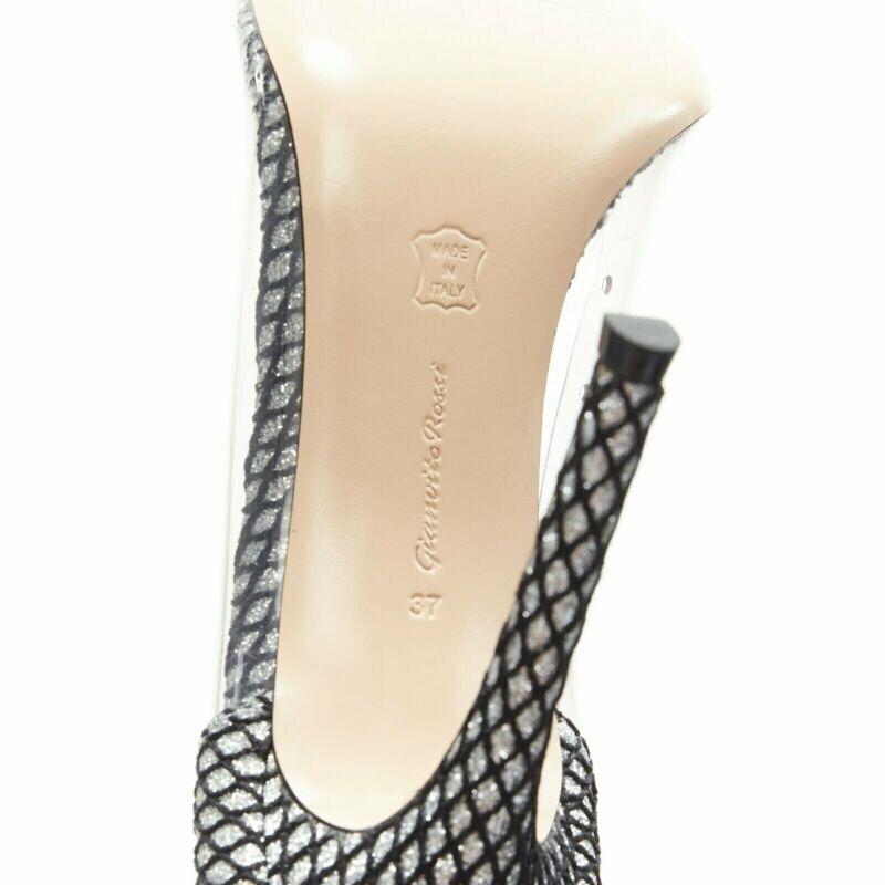GIANVITO ROSSI Plexi 100 silver glitter black mesh PVC point toe pump EU37 For Sale 6