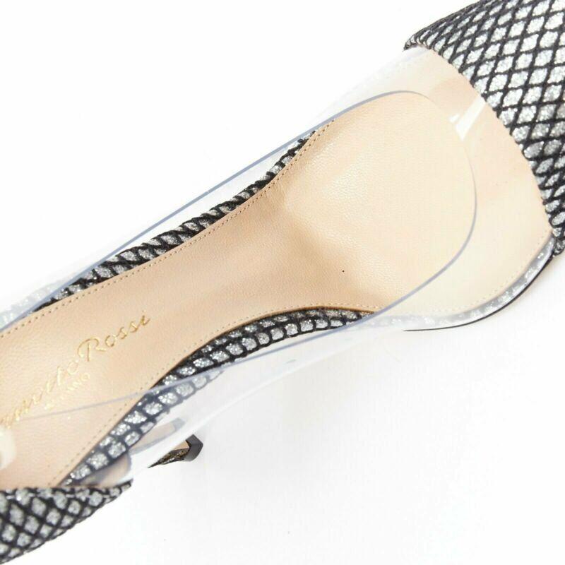 GIANVITO ROSSI Plexi 100 silver glitter black mesh PVC point toe pump EU37 For Sale 7