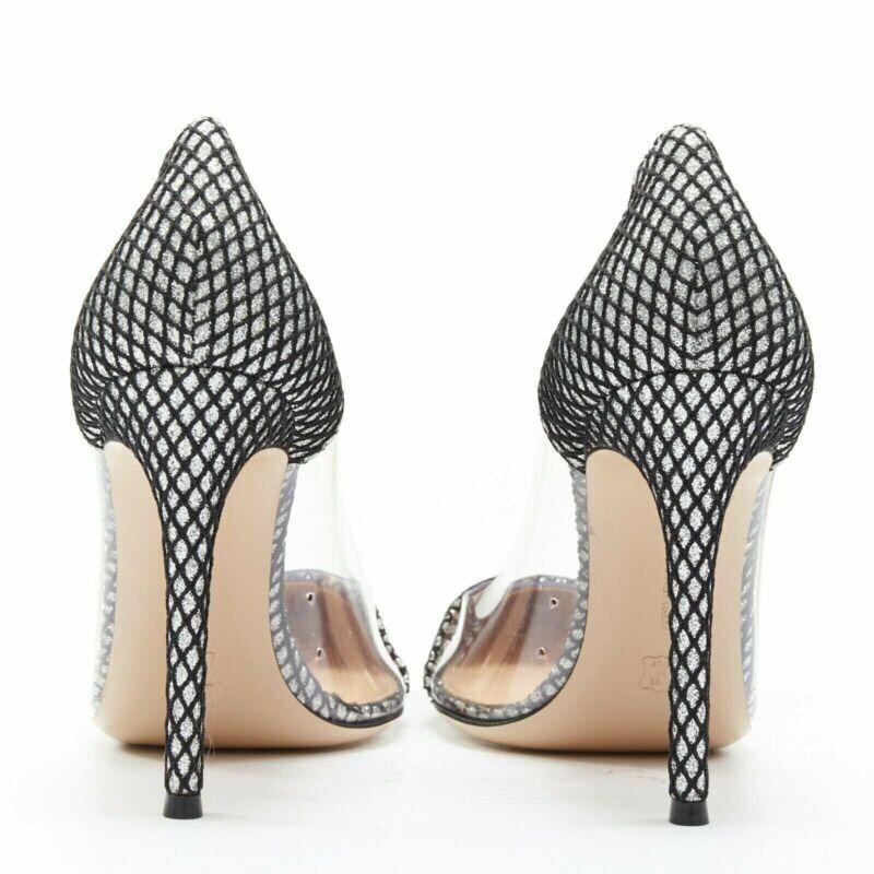 Women's GIANVITO ROSSI Plexi 100 silver glitter black mesh PVC point toe pump EU37 For Sale