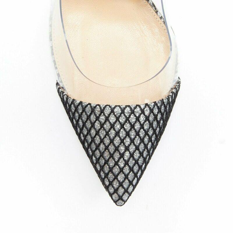 GIANVITO ROSSI Plexi 100 silver glitter black mesh PVC point toe pump EU37 For Sale 2