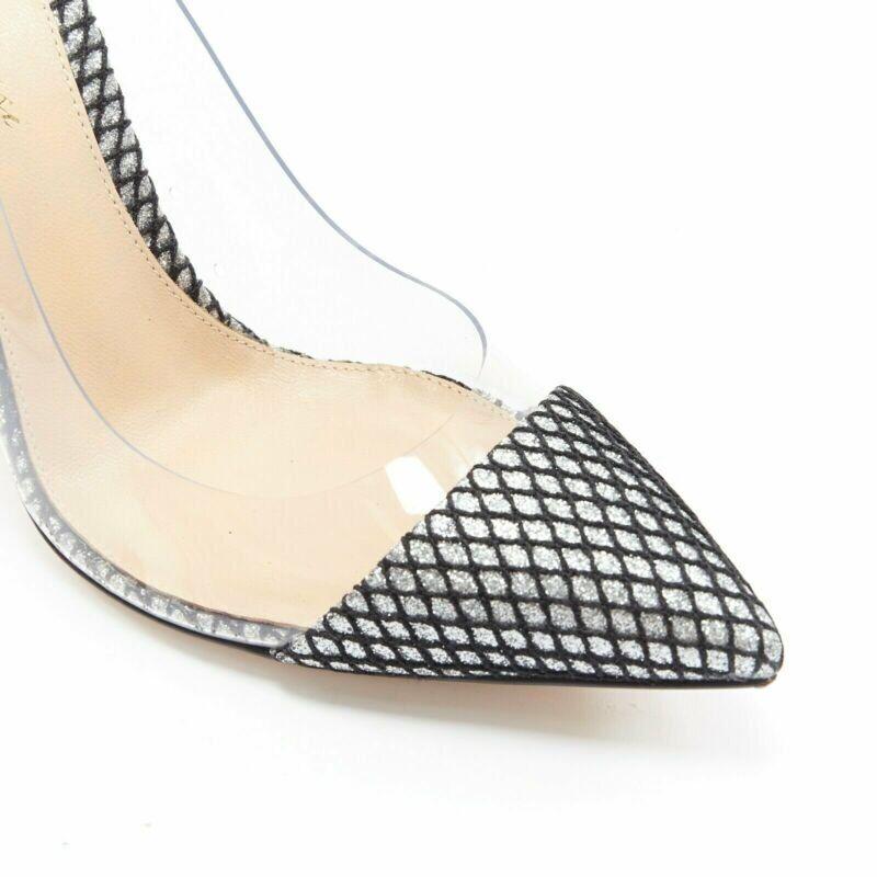 GIANVITO ROSSI Plexi 100 silver glitter black mesh PVC point toe pump EU37 For Sale 3
