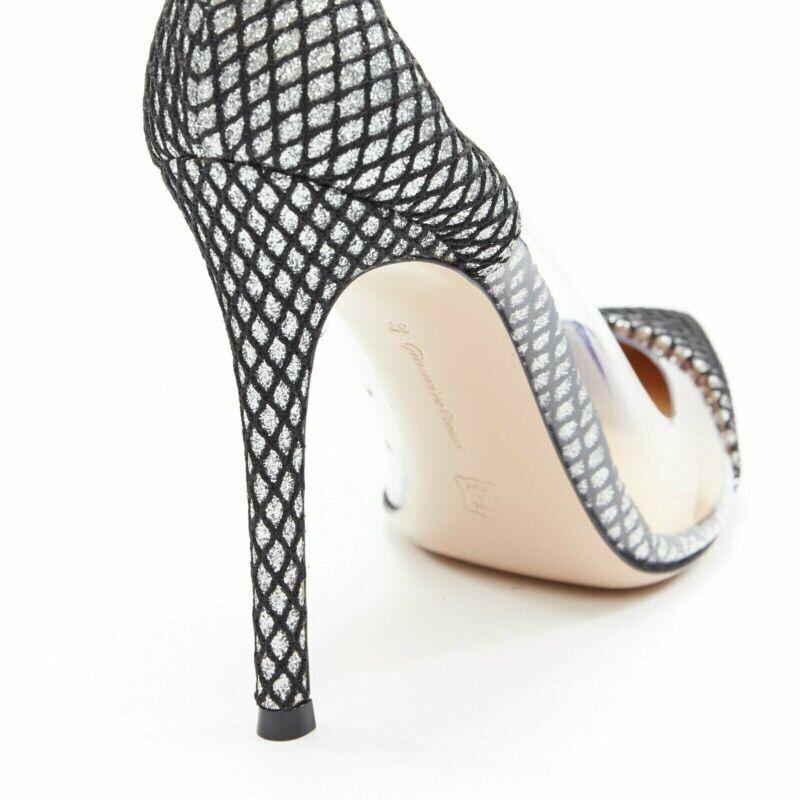 GIANVITO ROSSI Plexi 100 silver glitter black mesh PVC point toe pump EU37 For Sale 4