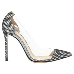GIANVITO ROSSI Plexi 100 silberner Glitzer schwarzes Netz PVC Spitze Zehenpumps EU37
