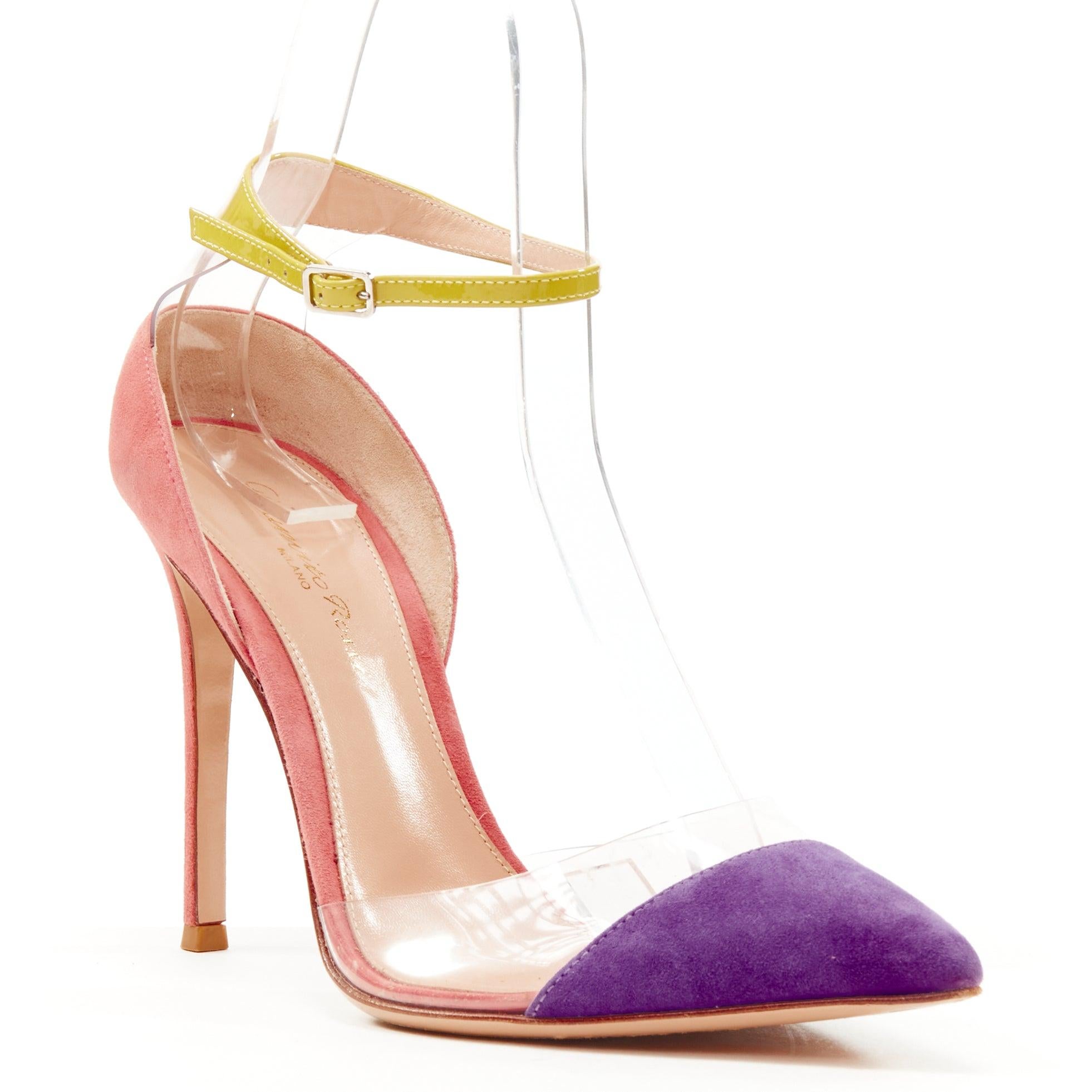 GIANVITO ROSSi Plexi purple pink suede yellow ankle strap PVC pump EU38 For Sale 6