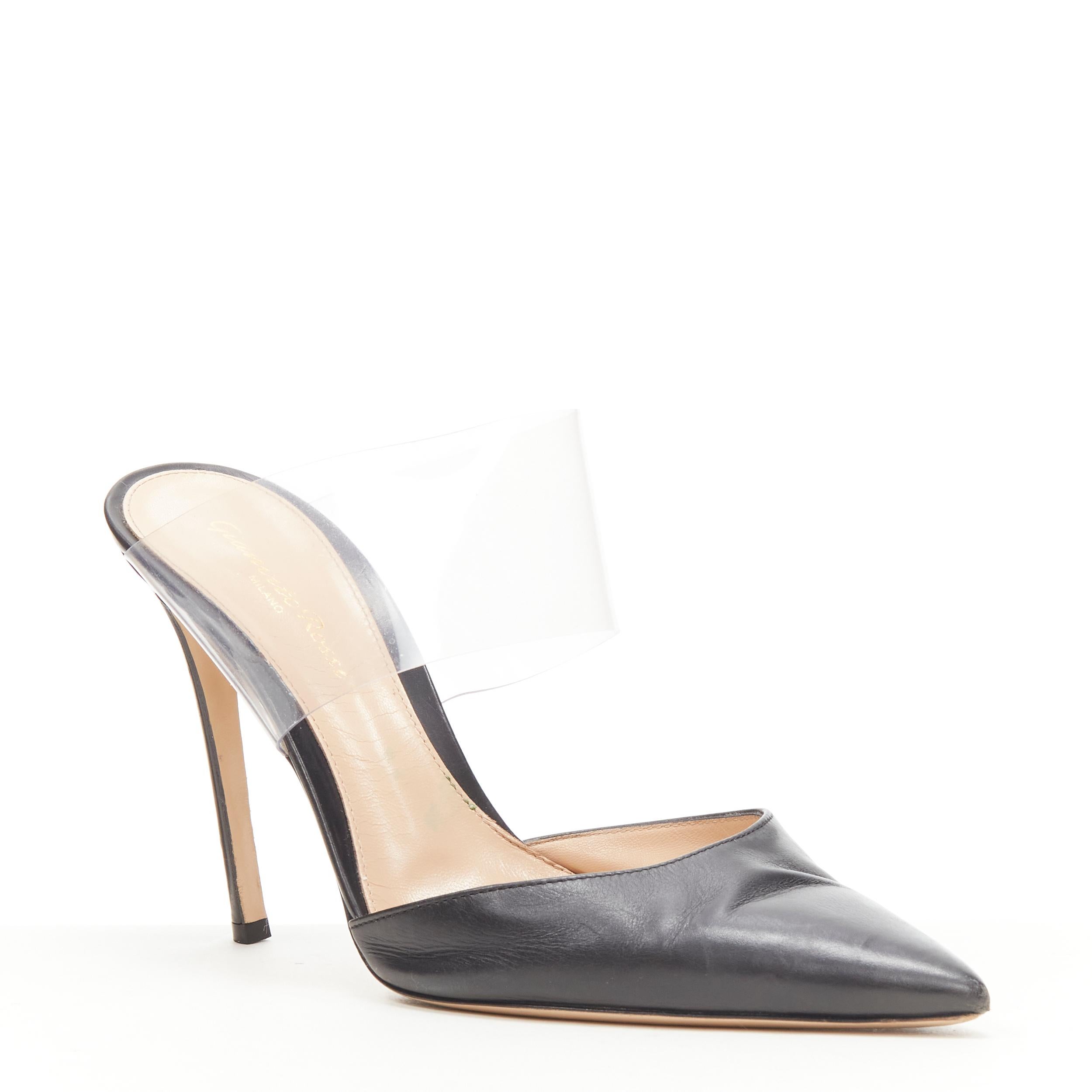 GIANVITO ROSSI Plexi black leather toe clear PVC mule heel EU39 US9 
Reference: KEDG/A00142 
Brand: Gianvito Rossi 
Model: Plexi mule 
Material: Leather 
Color: Black 
Extra Detail: Leather toe. PVC strap across across vamp. 
Made in: Italy