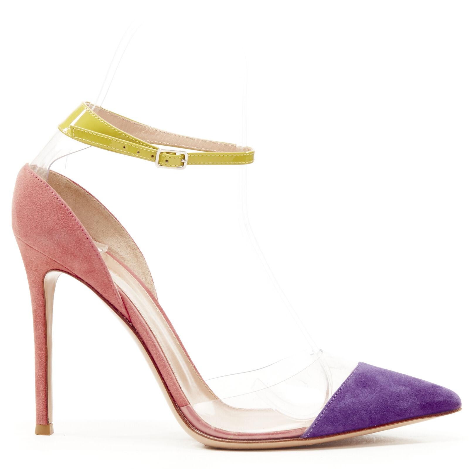 GIANVITO ROSSi Plexi purple pink suede yellow ankle strap PVC pump EU38
Reference: KEDG/A00134
Brand: Gianvito Rossi
Model: Plexi
Material: PVC, Suede
Color: Purple, Pink
Pattern: Solid
Closure: Ankle Strap
Lining: Leather
Made in: