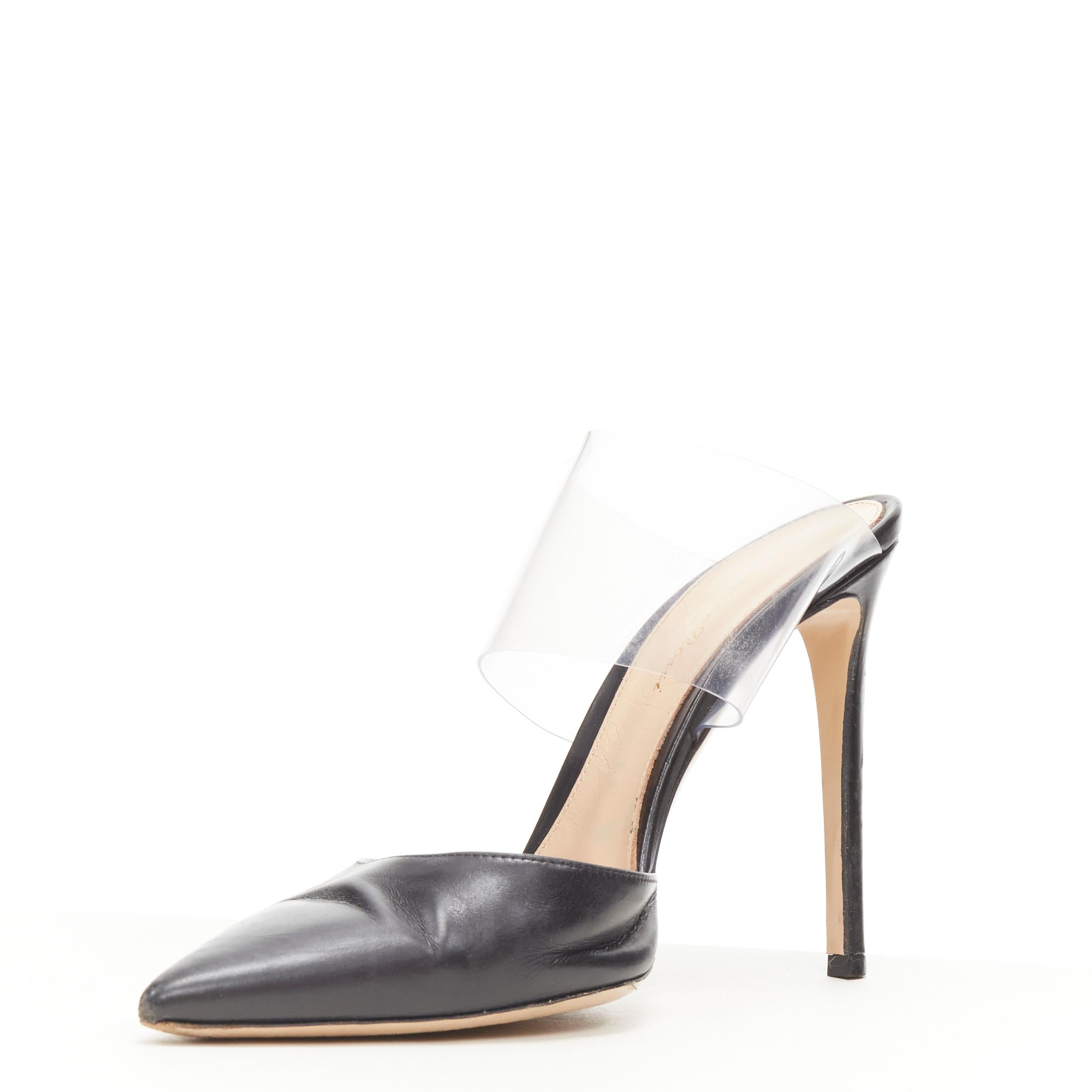 Beige GIANVITO ROSSI Plexi black leather toe clear PVC mule heel EU39 US9