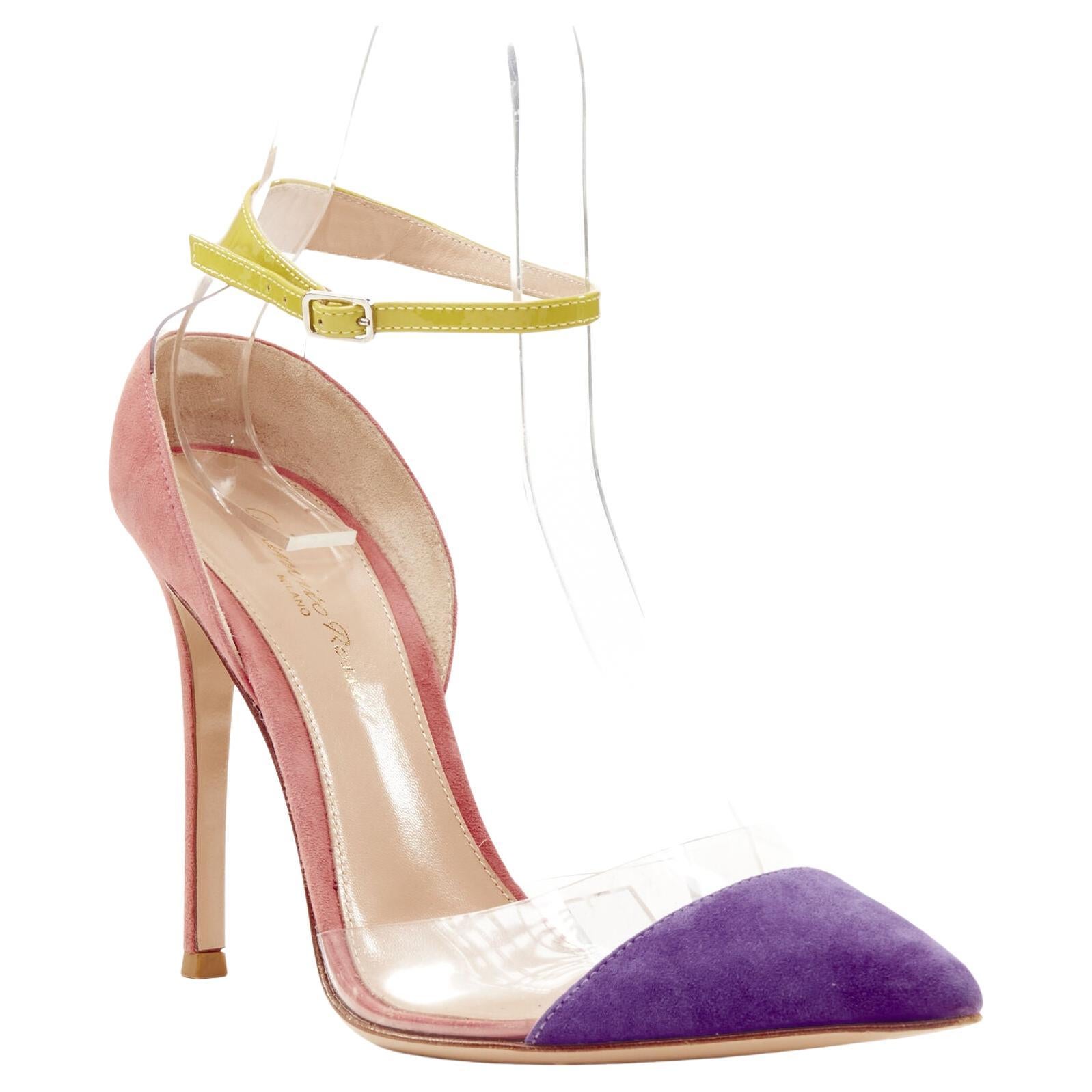 GIANVITO ROSSi Plexi purple pink suede yellow ankle strap PVC pump EU38 For Sale