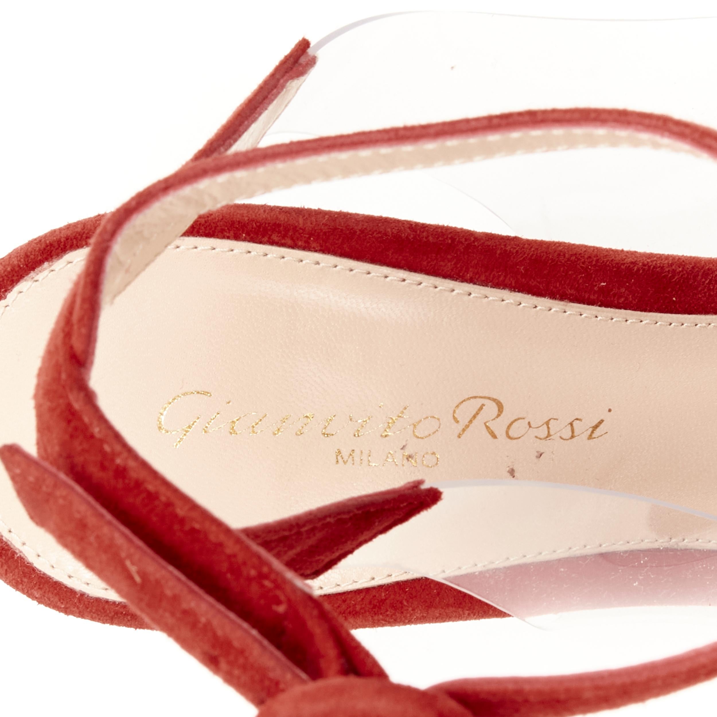 GIANVITO ROSSI - Escarpins à lanières en daim rouge plissé et PVC transparent EU38,5 en vente 5