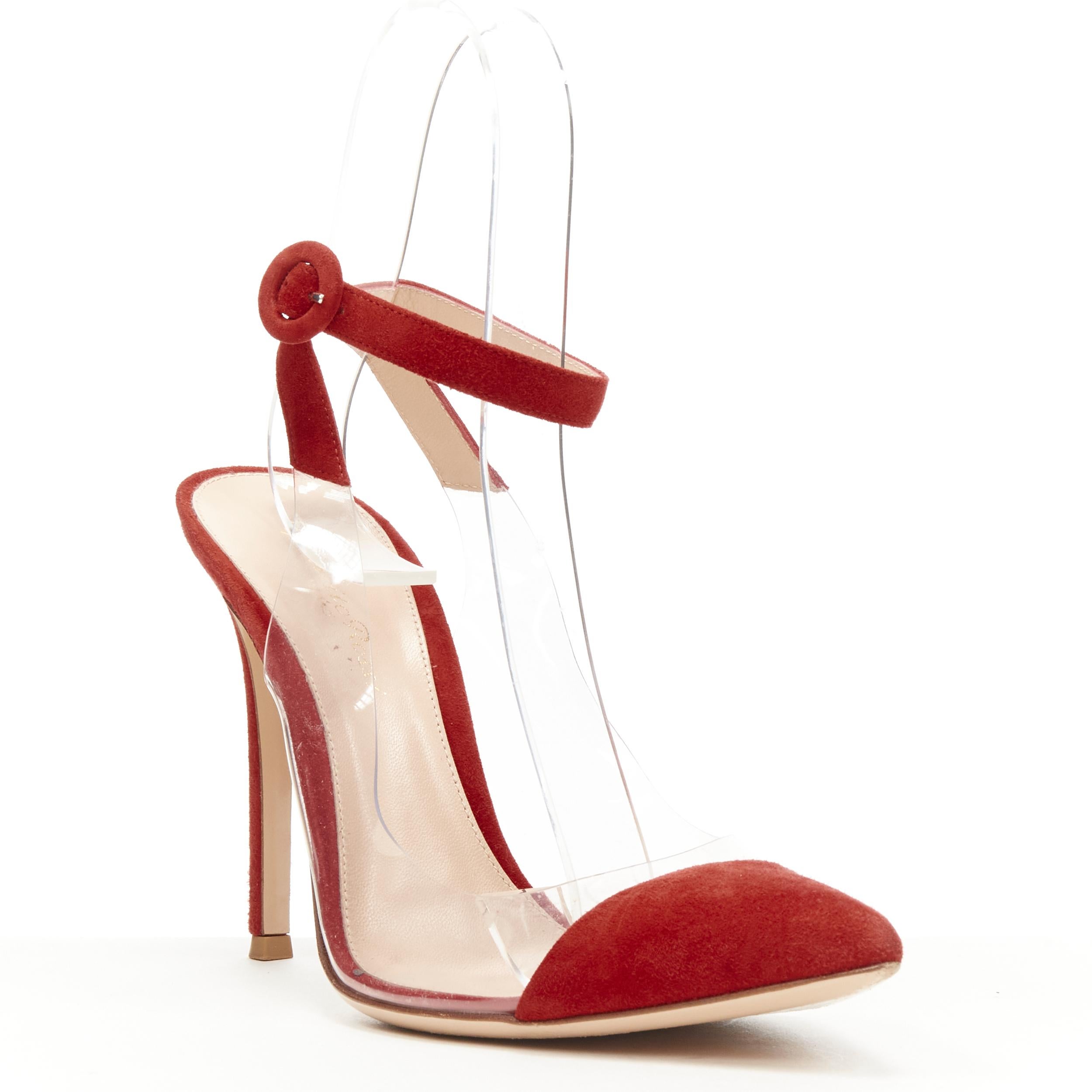 GIANVITO ROSSI Plexi red suede clear PVC ankle strap pump EU38.5 
Reference: KEDG/A00126 
Brand: Gianvito Rossi 
Model: Plexi 
Material: PVC 
Color: Red
Pattern: Solid 
Closure: Ankle Strap 
Made in: Italy 


CONDITION: 
Condition: Very good, this