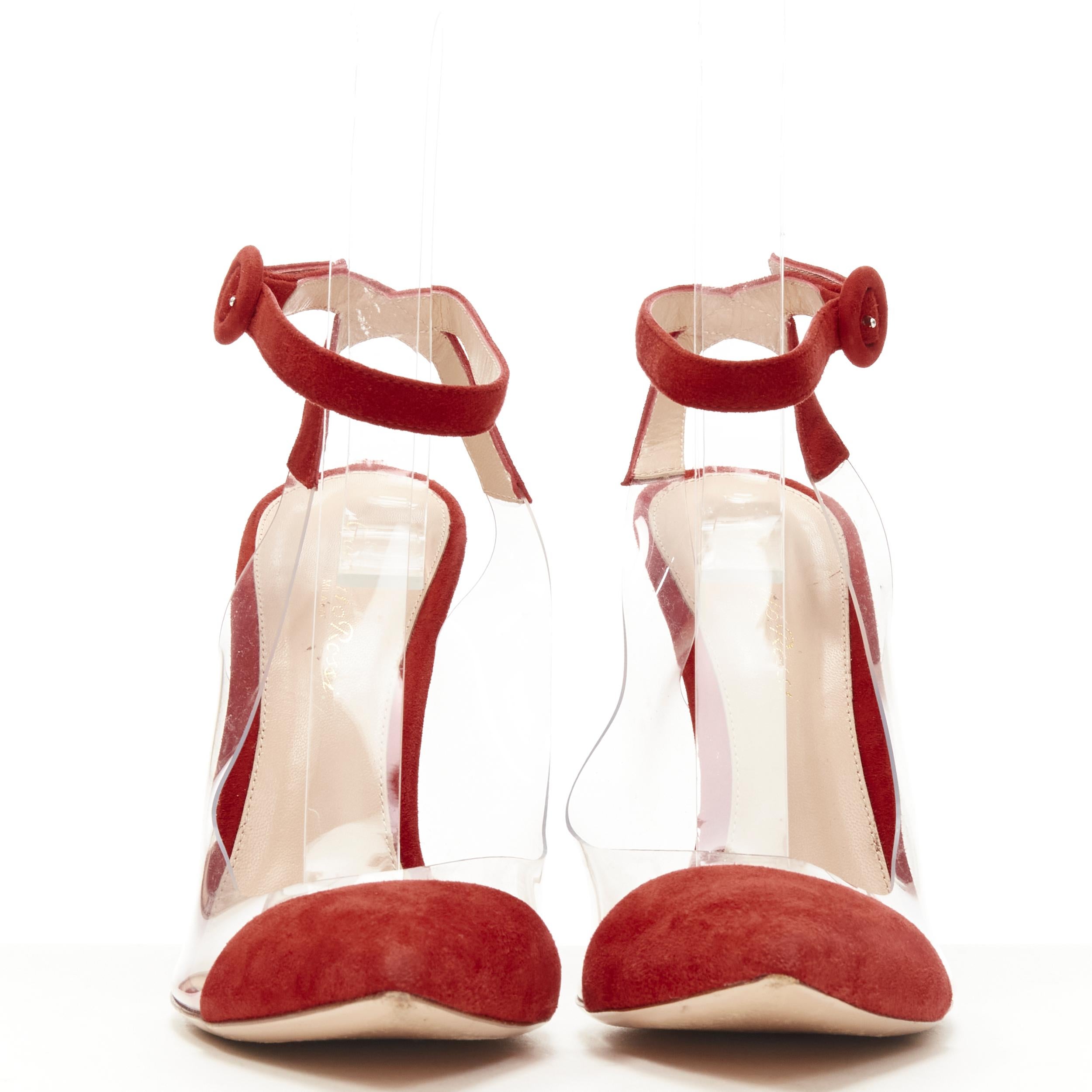 Beige GIANVITO ROSSI - Escarpins à lanières en daim rouge plissé et PVC transparent EU38,5 en vente