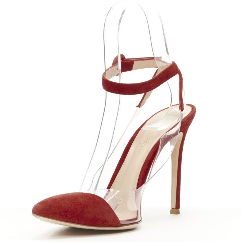 GIANVITO ROSSI - Escarpins à lanières en daim rouge plissé et PVC transparent EU38,5 Bon état - En vente à Hong Kong, NT