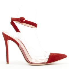 GIANVITO ROSSI - Escarpins à lanières en daim rouge plissé et PVC transparent EU38,5