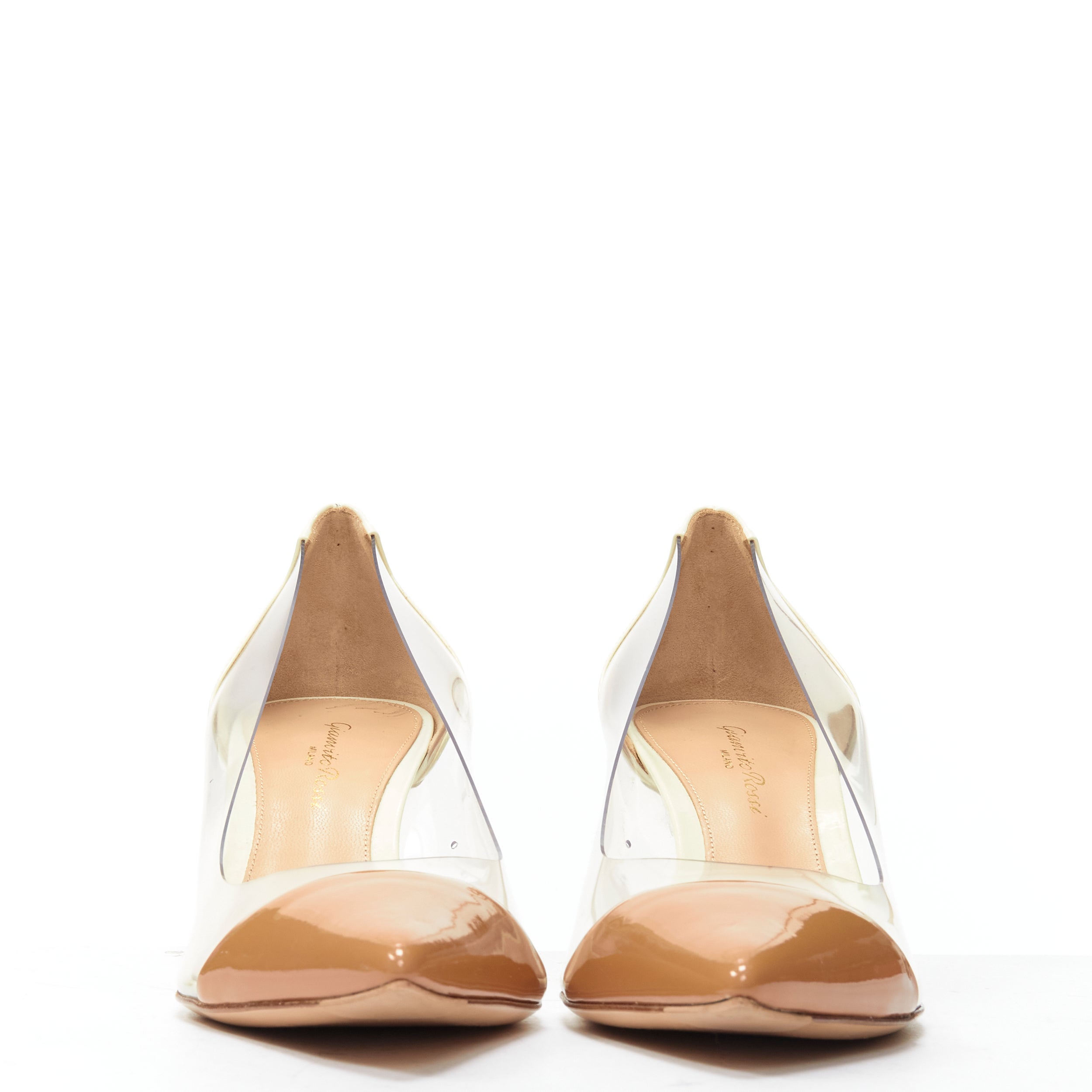 GIANVITO ROSSI Plexi Vernice Powder cream patent PVC toe cap heel pump EU37.5 
Reference: MELK/A00217 
Brand: Gianvito Rossi 
Model: Plexi 
Material: Patent Leather 
Color: Beige 
Pattern: Solid 
Made in: Italy 

CONDITION: 
Condition: Excellent,