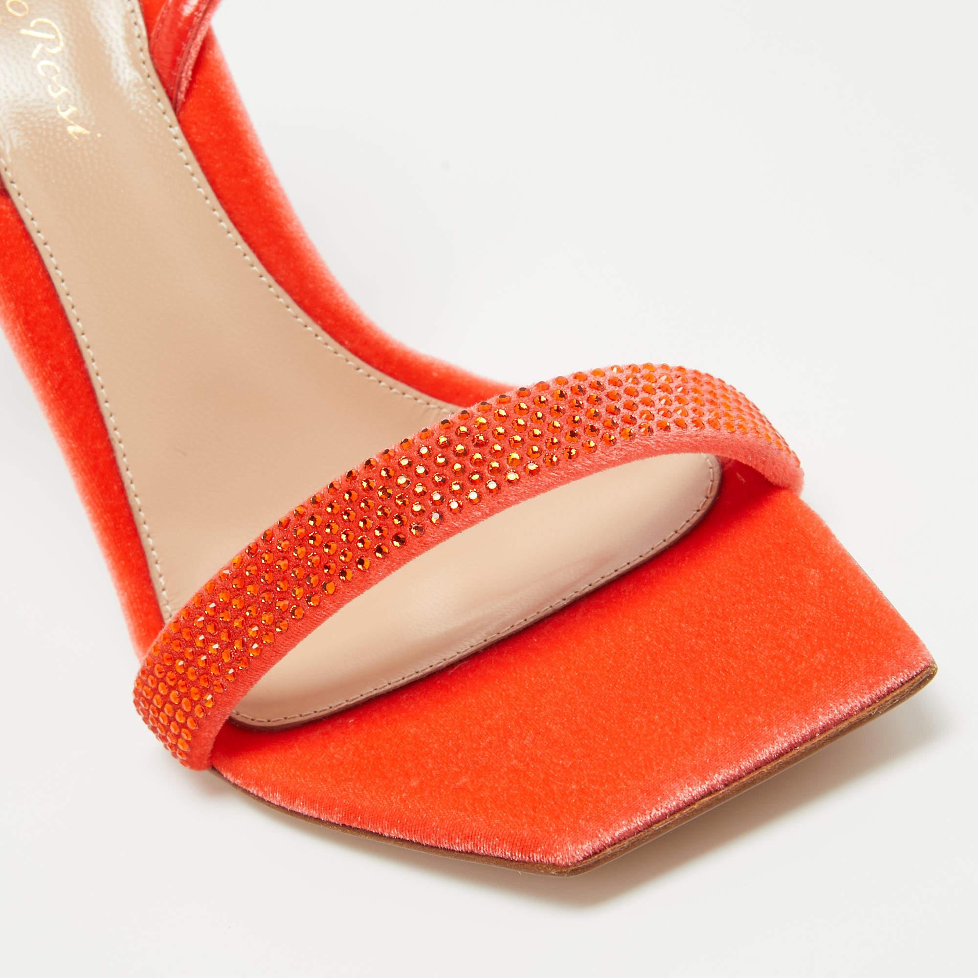 Gianvito Rossi Poppy Red Velvet Embellished Britney Sandals Size 37.5 For Sale 2