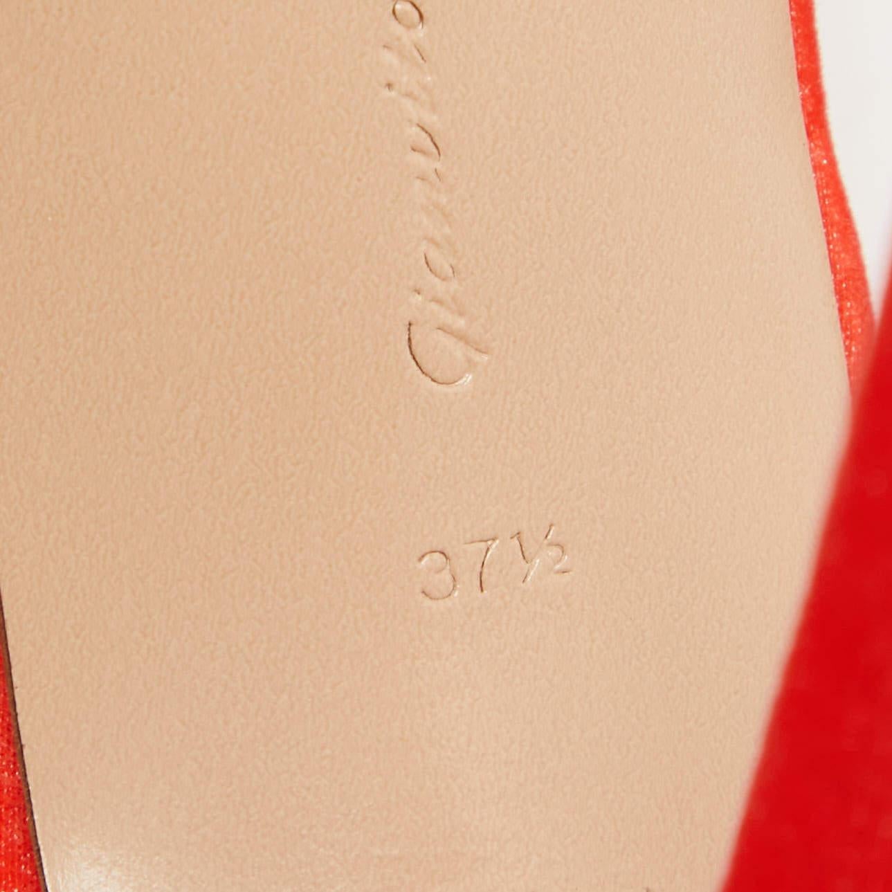 Gianvito Rossi Poppy Red Velvet Embellished Britney Sandals Size 37.5 For Sale 3