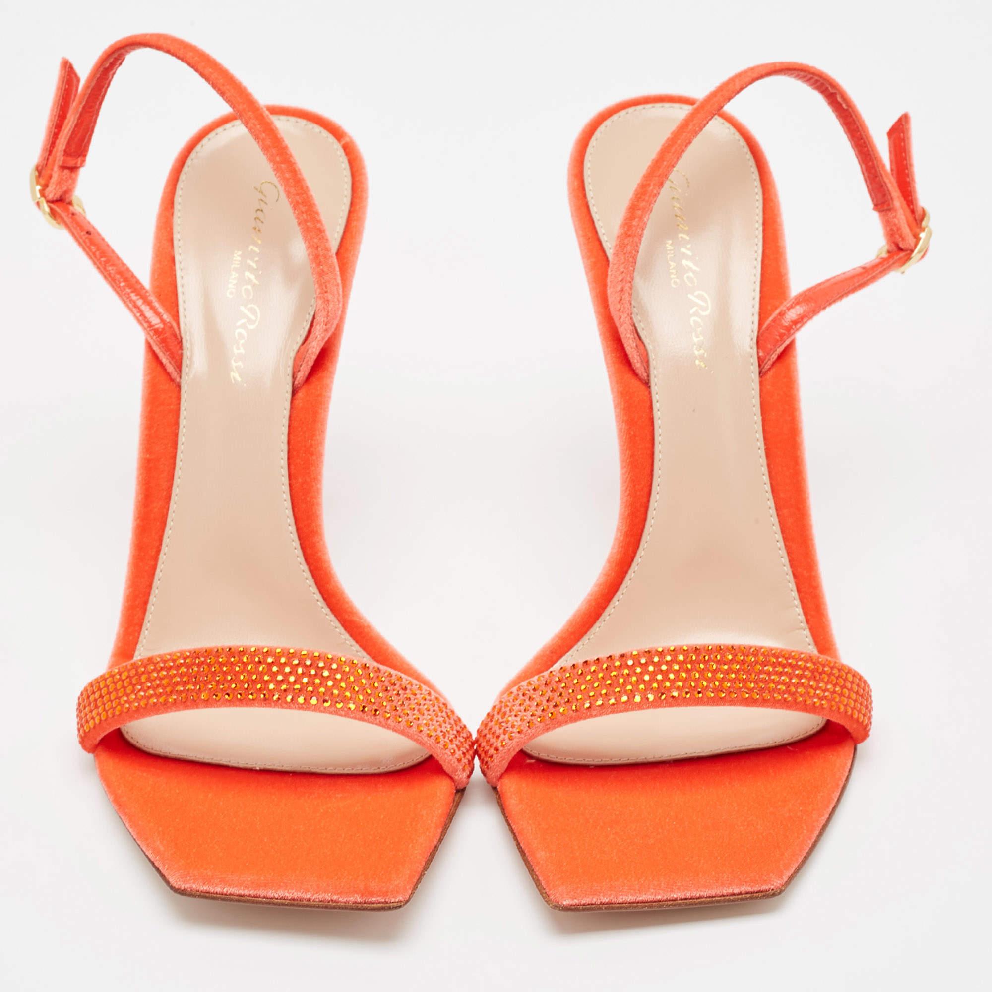 Orange Gianvito Rossi Poppy Red Velvet Embellished Britney Sandals Size 38.5 For Sale