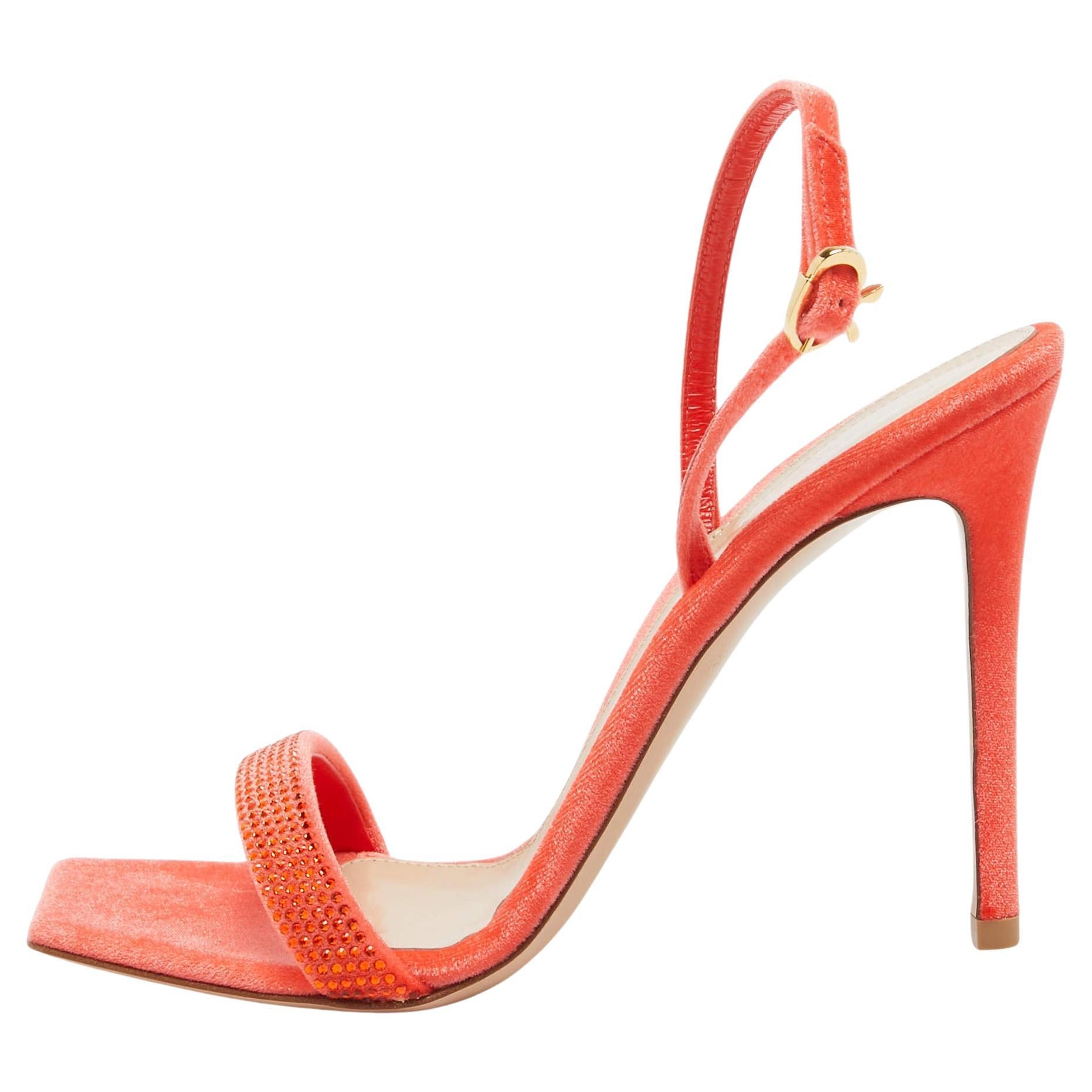 Gianvito Rossi Poppy Red Velvet Embellished Britney Sandals Size 39.5 For Sale