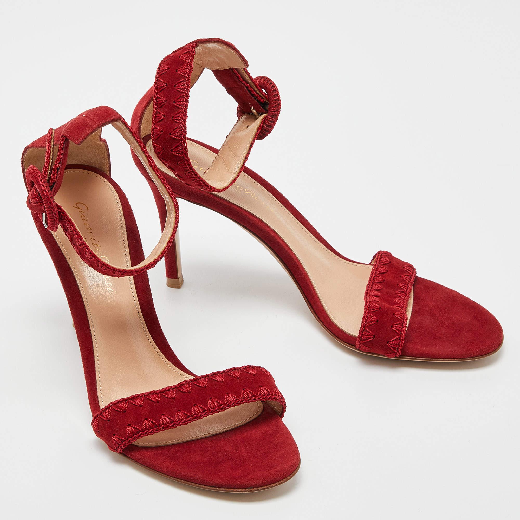 Gianvito Rossi Red/Beige Suede Whipstitch Portofino Sandals Size 36 For Sale 1