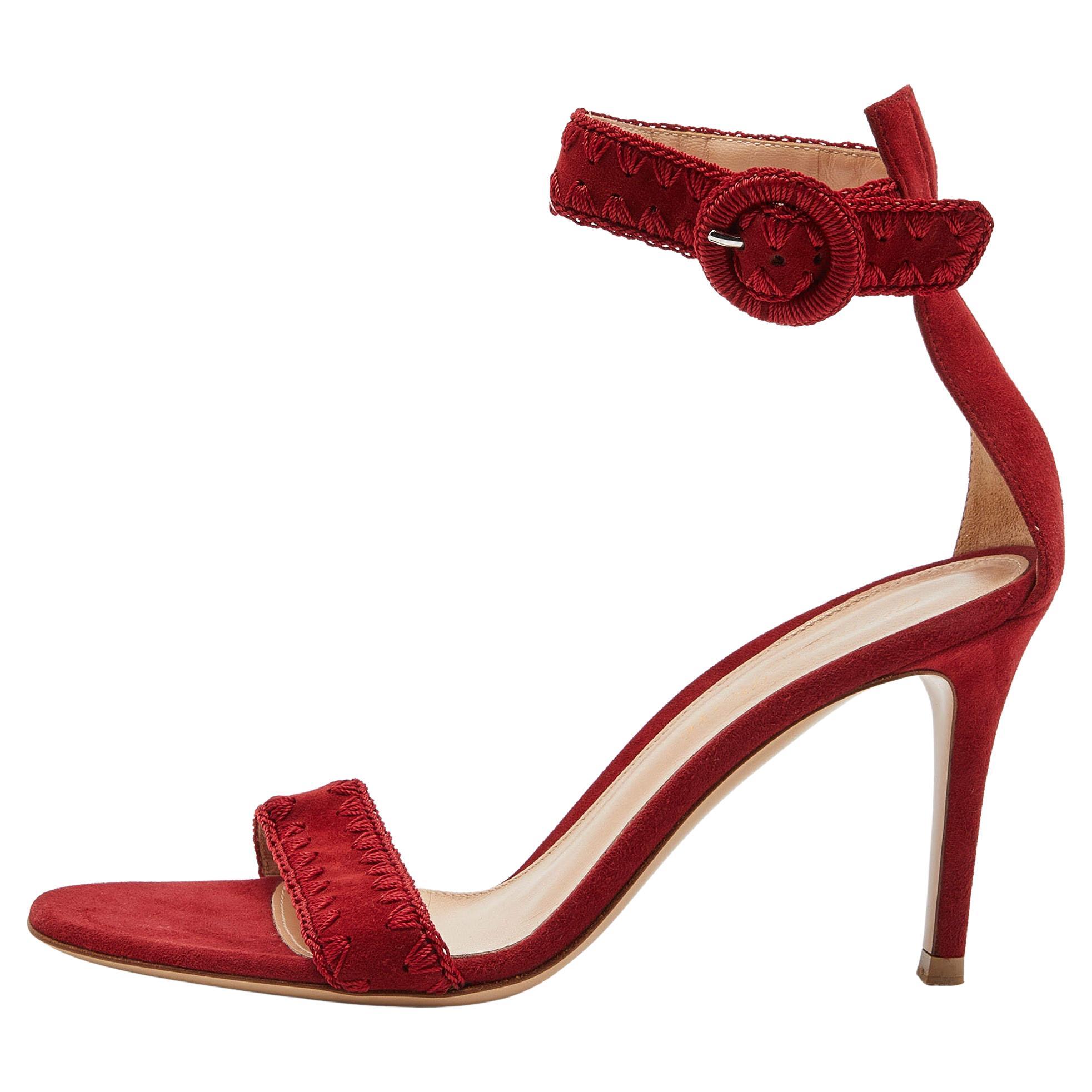 Gianvito Rossi Red/Beige Suede Whipstitch Portofino Sandals Size 36 For Sale