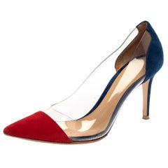 Gianvito Rossi Red/Blue Suede Leather And PVC Plexi Pointed Toe Pumps Size 38.5