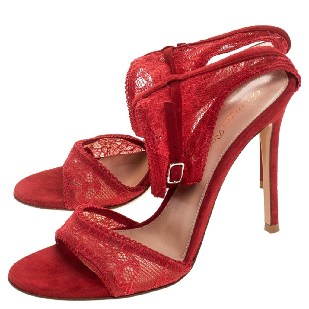 Gianvito Rossi Red Lace And Suede Ankle Strap Sandals Size 38 1