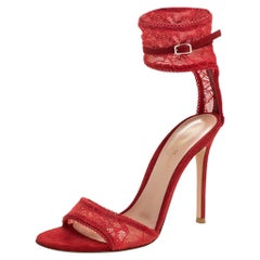 Gianvito Rossi Red Lace And Suede Ankle Strap Sandals Size 38
