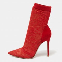 Gianvito Rossi Rote spitz zulaufende Stiefeletten aus Spitze und Wildleder Größe 39