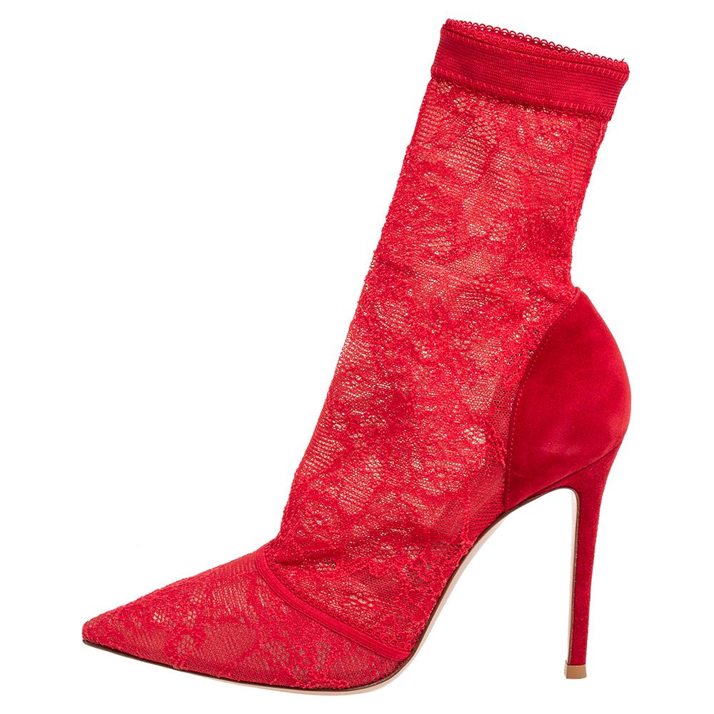 Gianvito Rossi Red Lace And Suede Pointed Toe Booties Size 38 1