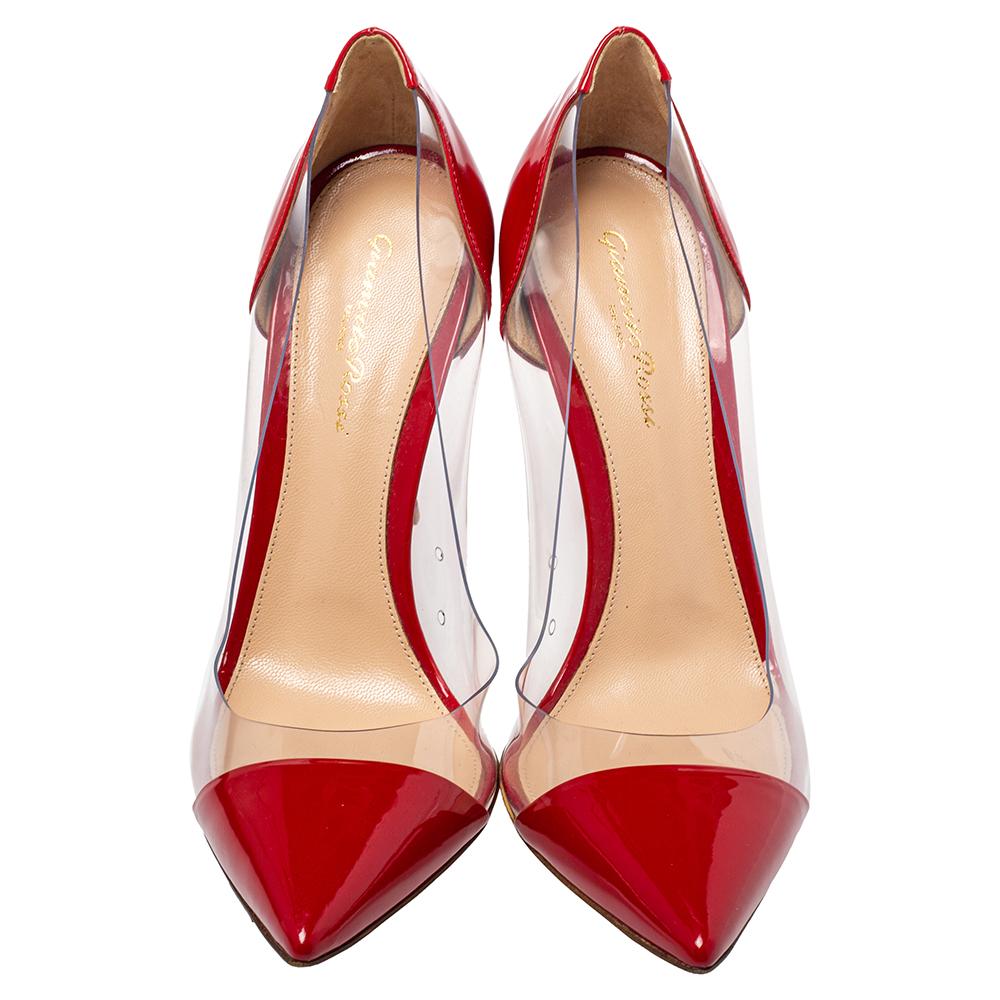 Beige Gianvito Rossi Red Patent Leather And PVC Plexi Pointed Toe Pumps Size 40