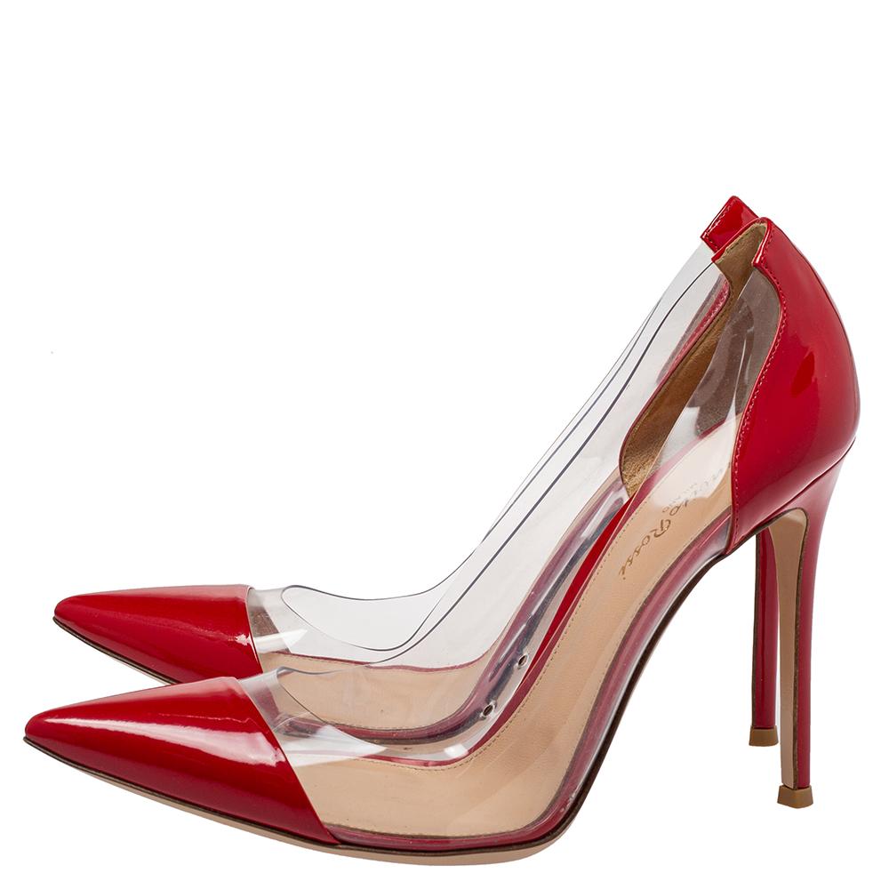 Women's Gianvito Rossi Red Patent Leather And PVC Plexi Pointed Toe Pumps Size 40