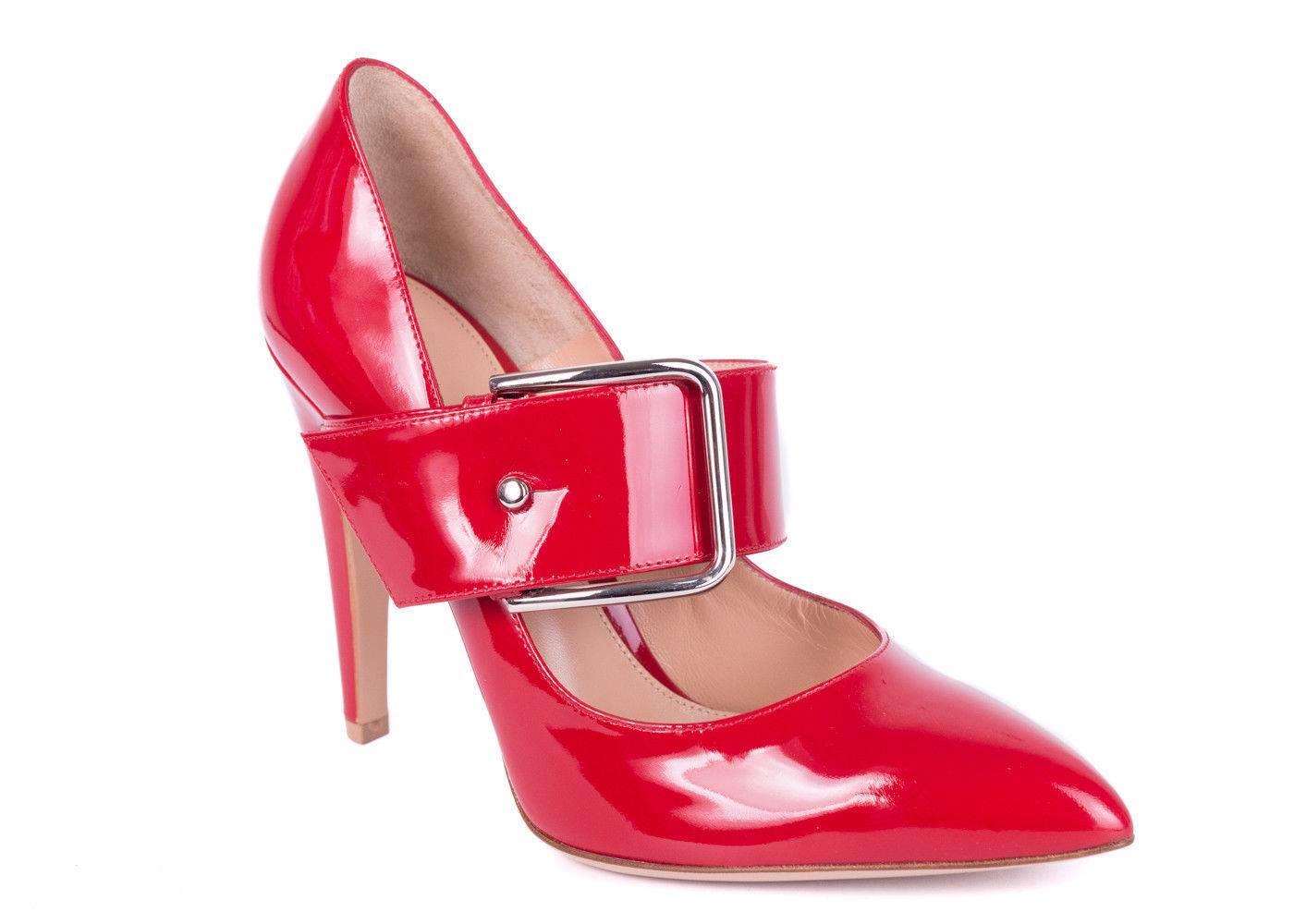 A feminine and sultry play on your classic Mary Jane silhouette, Italian designer Gianvito Rossi presents a pair of Red Patent Leather MaryJane Pointed Toe Stiletto Heels. The vivid red color is reminiscent of a fairytale story, thick strap and