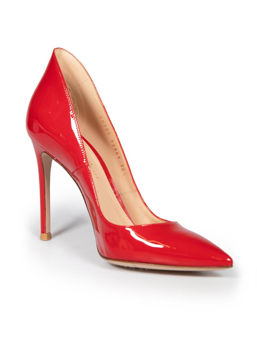 CONDITION is Very good. Minimal wear to heels is seen with a black mark on the right heel is visible and some abrasions inside the heel tab is evident on this used Gianvito Rossi designer resale item.
 
 
 
 Details
 
 
 Red
 
 Patent leather
 
