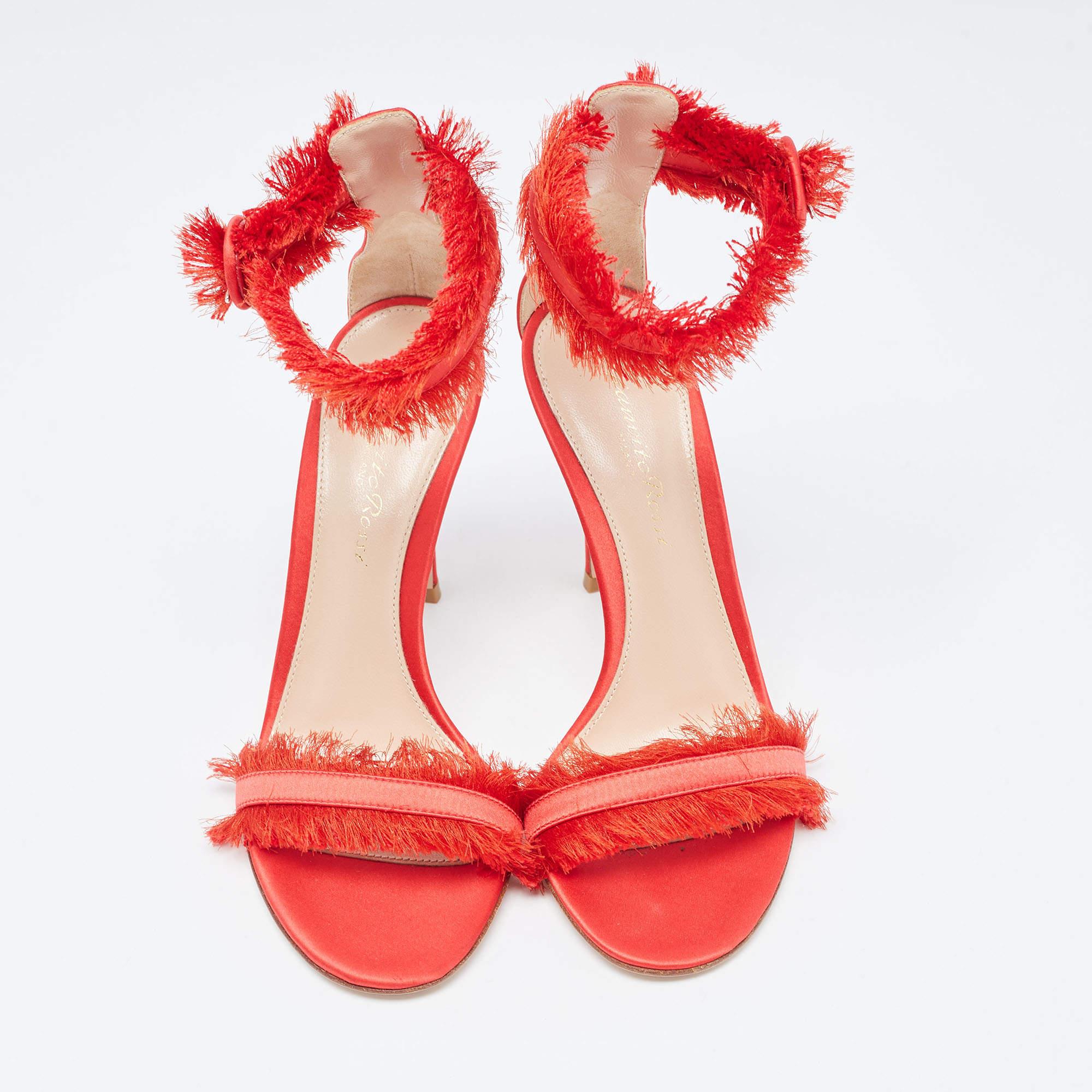 Women's Gianvito Rossi Red Satin Fringed Portofino Sandals Size 35 For Sale
