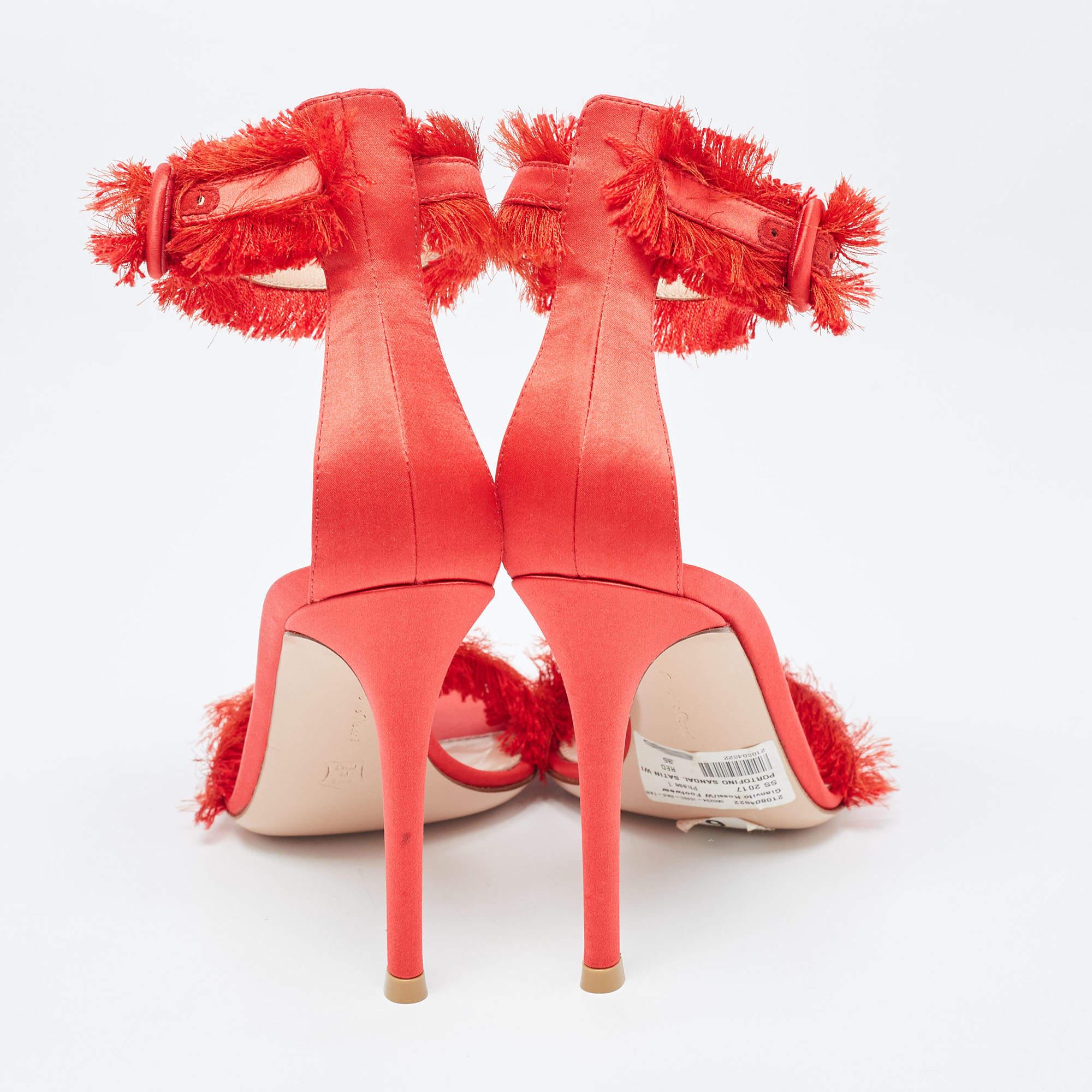 Gianvito Rossi Red Satin Fringed Portofino Sandals Size 35 For Sale 2