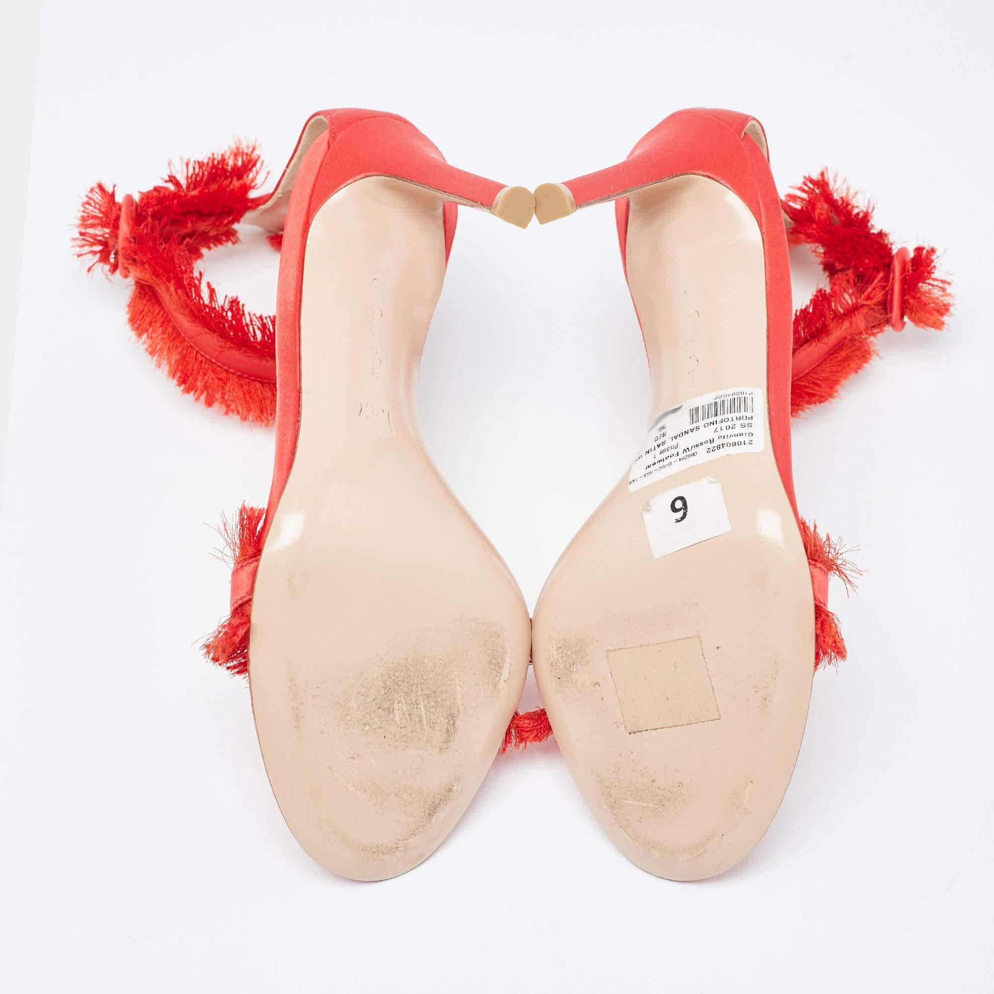 Gianvito Rossi Red Satin Fringed Portofino Sandals Size 35 For Sale 4