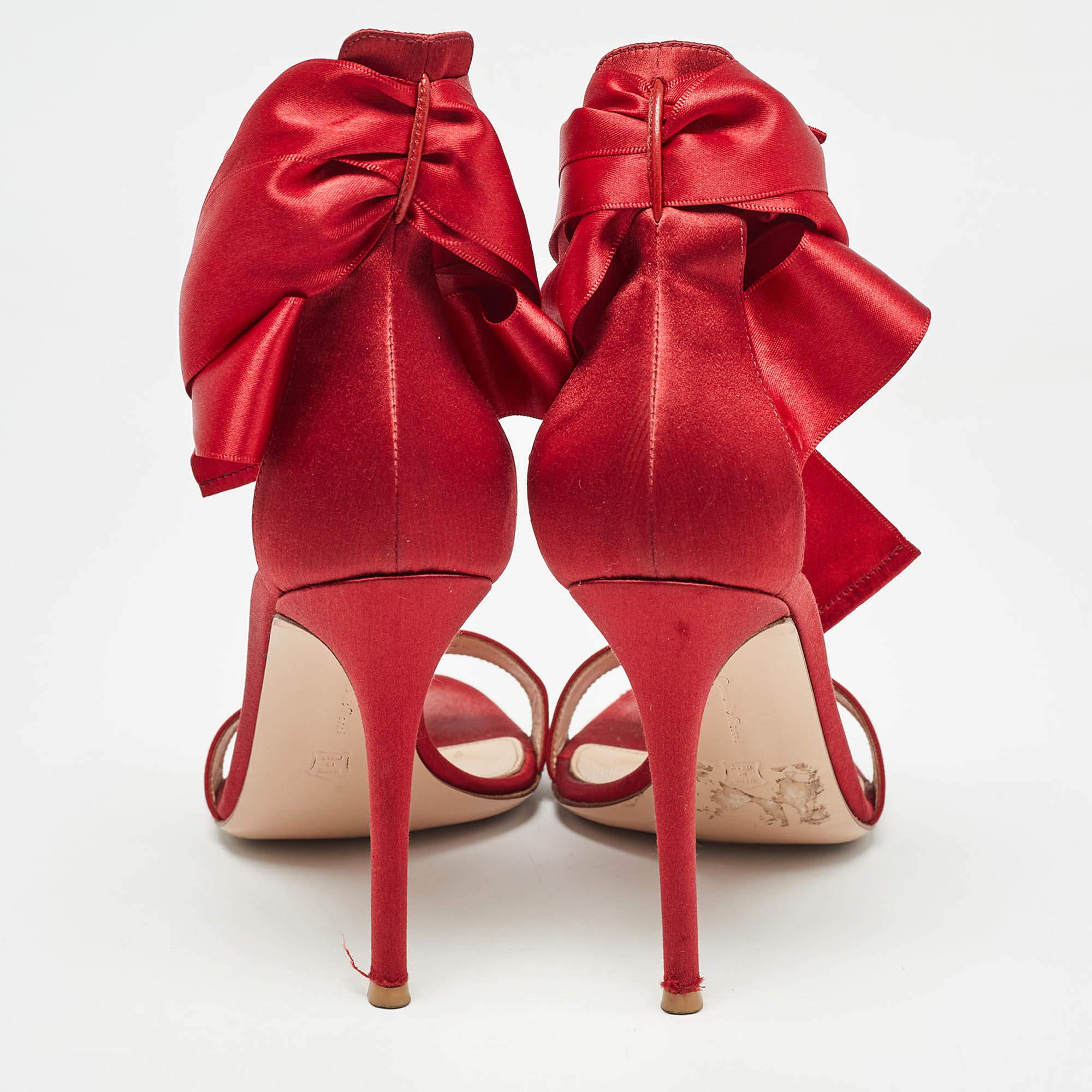Gianvito Rossi Red Satin Lace Up Gala Open Toe Sandals Size 39.5 For Sale 1