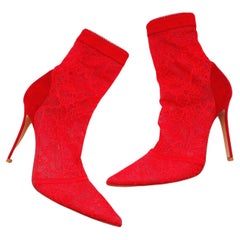 Gianvito Rossi - Bottes chaussettes rouges en dentelle extensible et daim